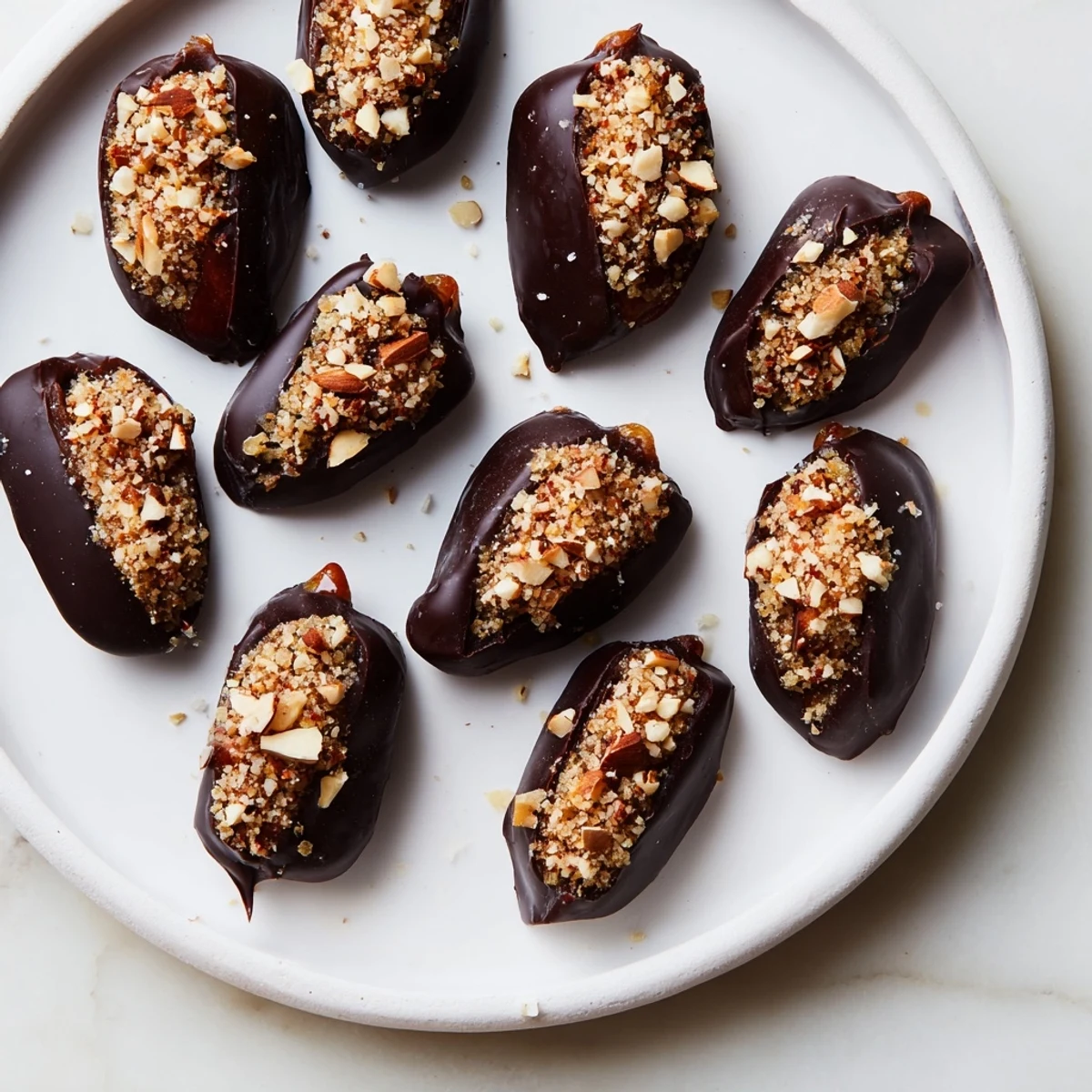 Chocolate covered dates stuffed with almond butter are a simple, delicious no-bake dessert.