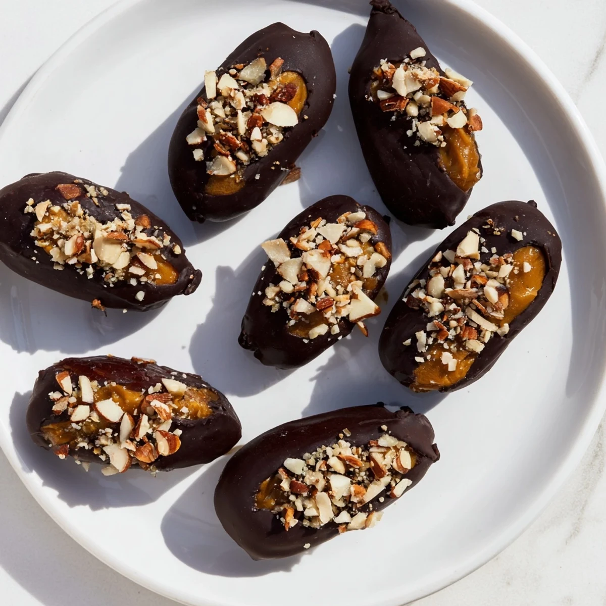 These decadent chocolate covered dates showcase creamy almond butter, coated in glossy, dark chocolate.