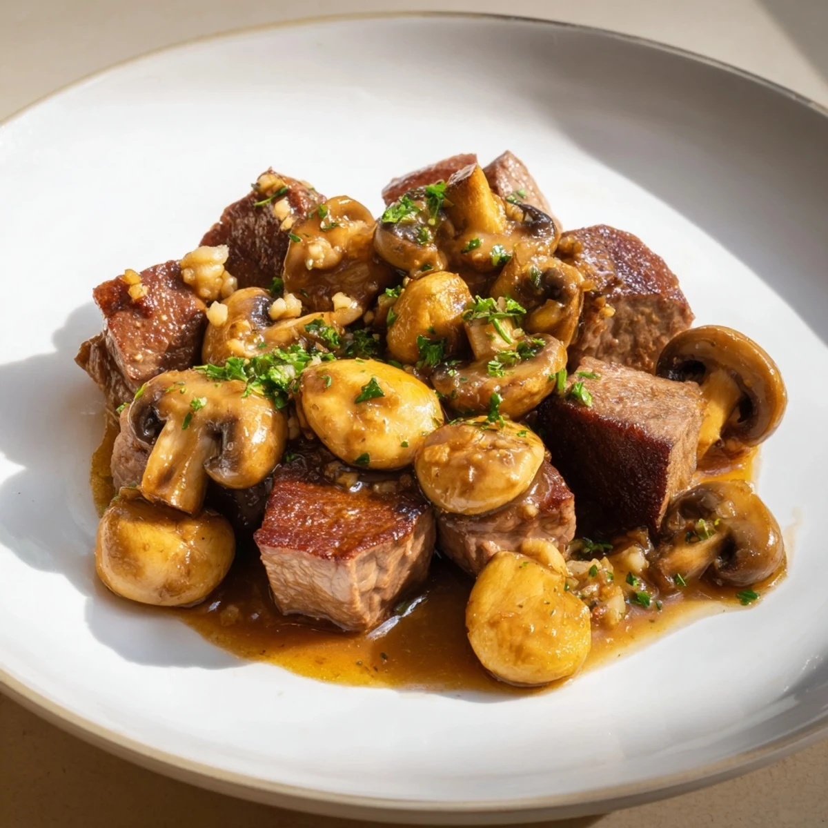 Tender, juicy Garlic Butter Steak Bites served with mushrooms, a mouthwatering, easy weeknight dinner idea.