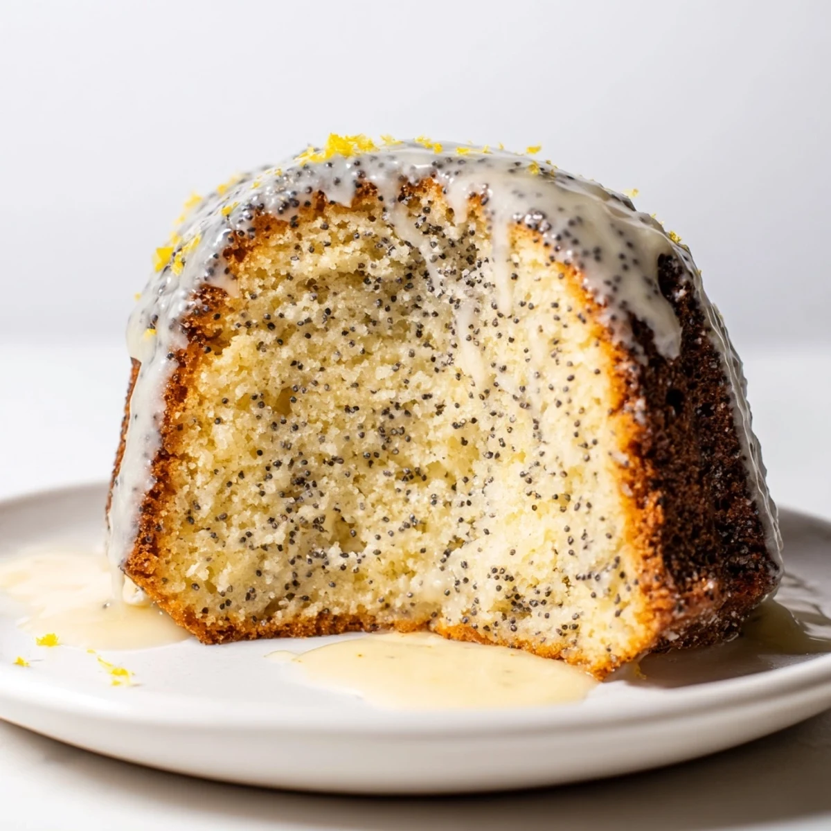 The beautiful texture of a finished Lemon Poppy Seed Bundt Cake, light, airy, and covered in glaze.