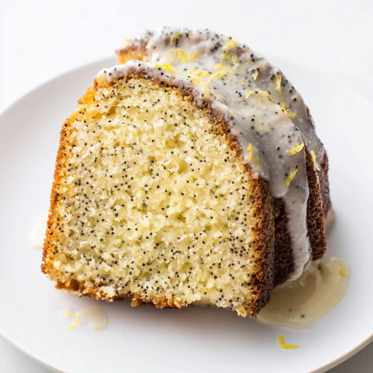 A freshly baked Lemon Poppy Seed Bundt Cake, with zesty glaze drizzled over the top, ready to serve.