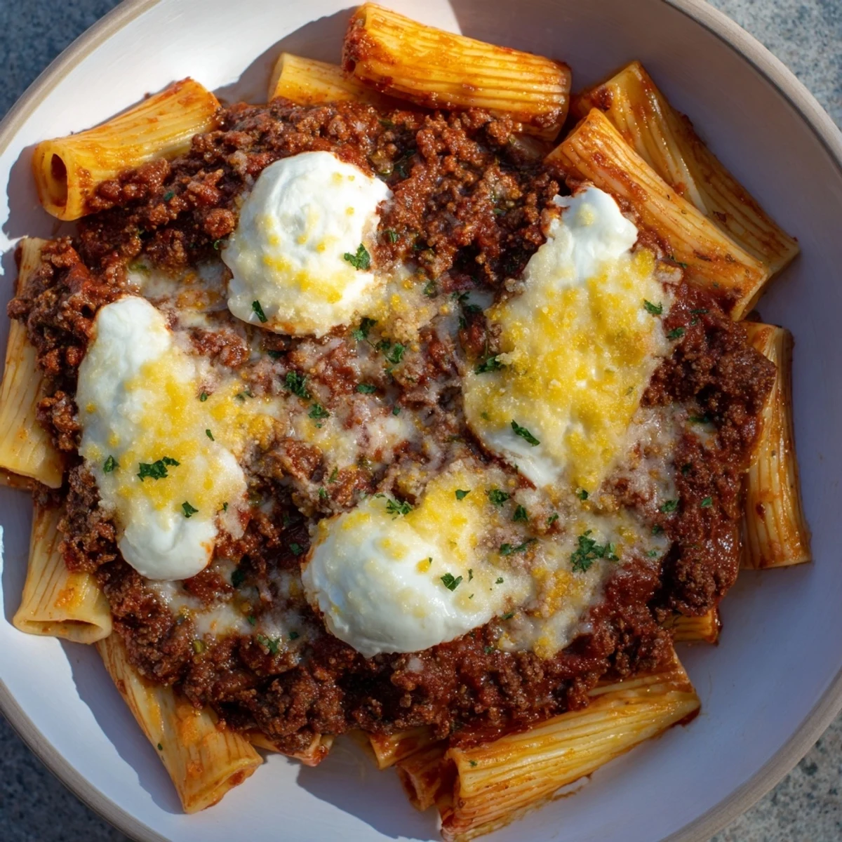 A bubbling pan of Baked Ziti with browned ground beef and melted mozzarella cheese.