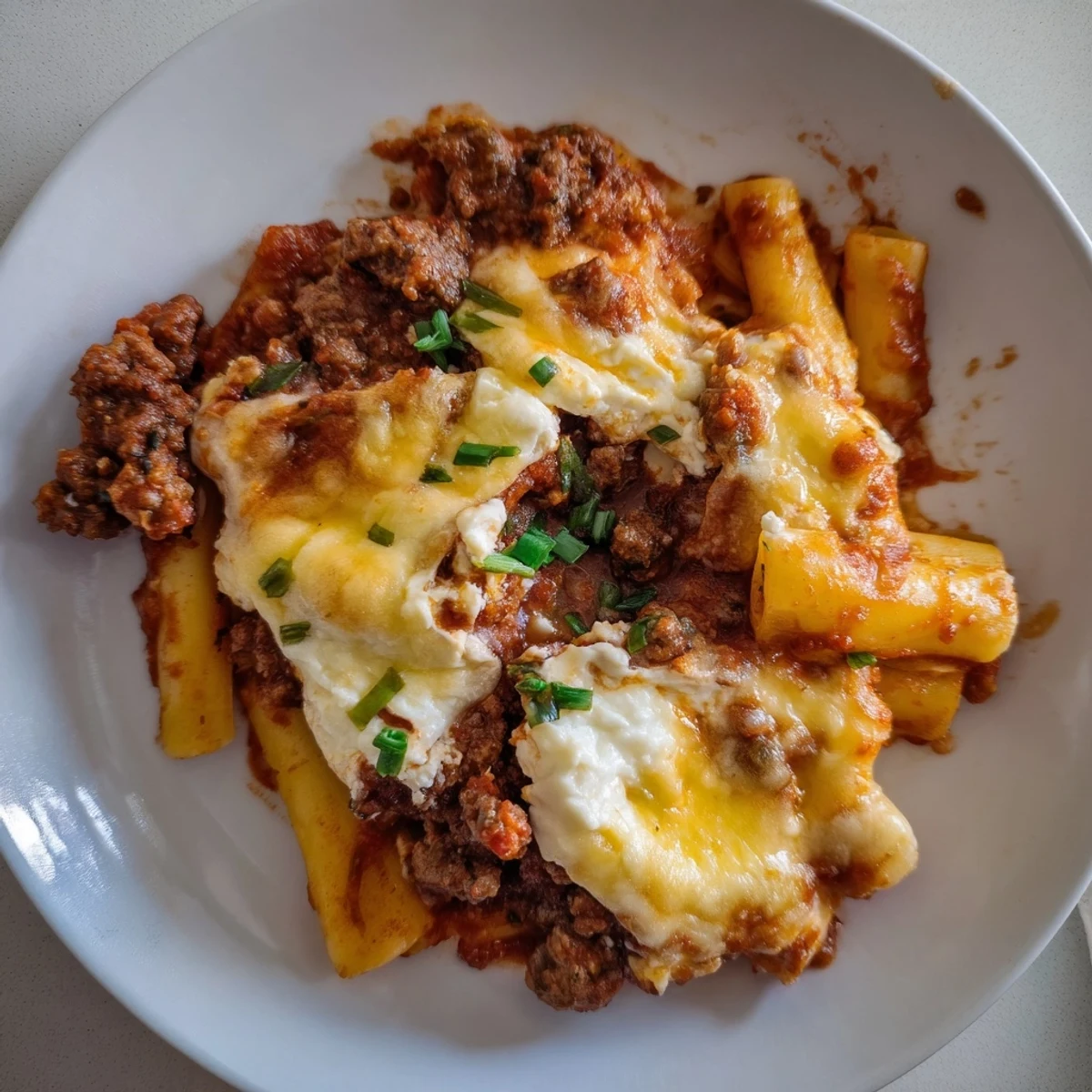 Golden-brown Baked Ziti, a comforting casserole with layers of pasta, sauce and cheese.