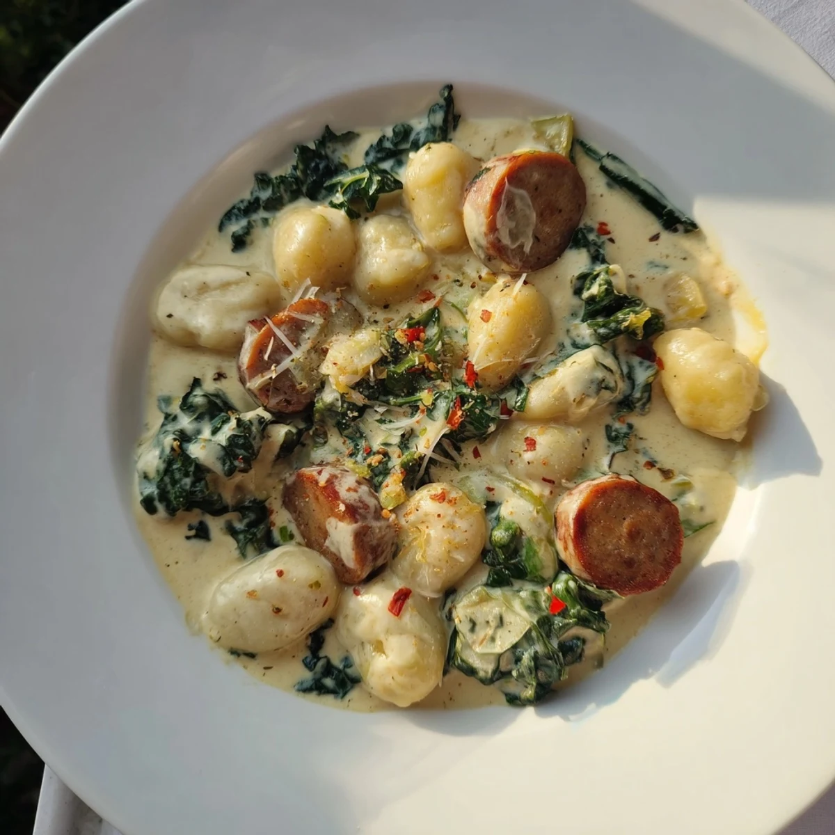 A bowl of creamy gnocchi with sausage and kale, garnished and ready for a satisfying meal.