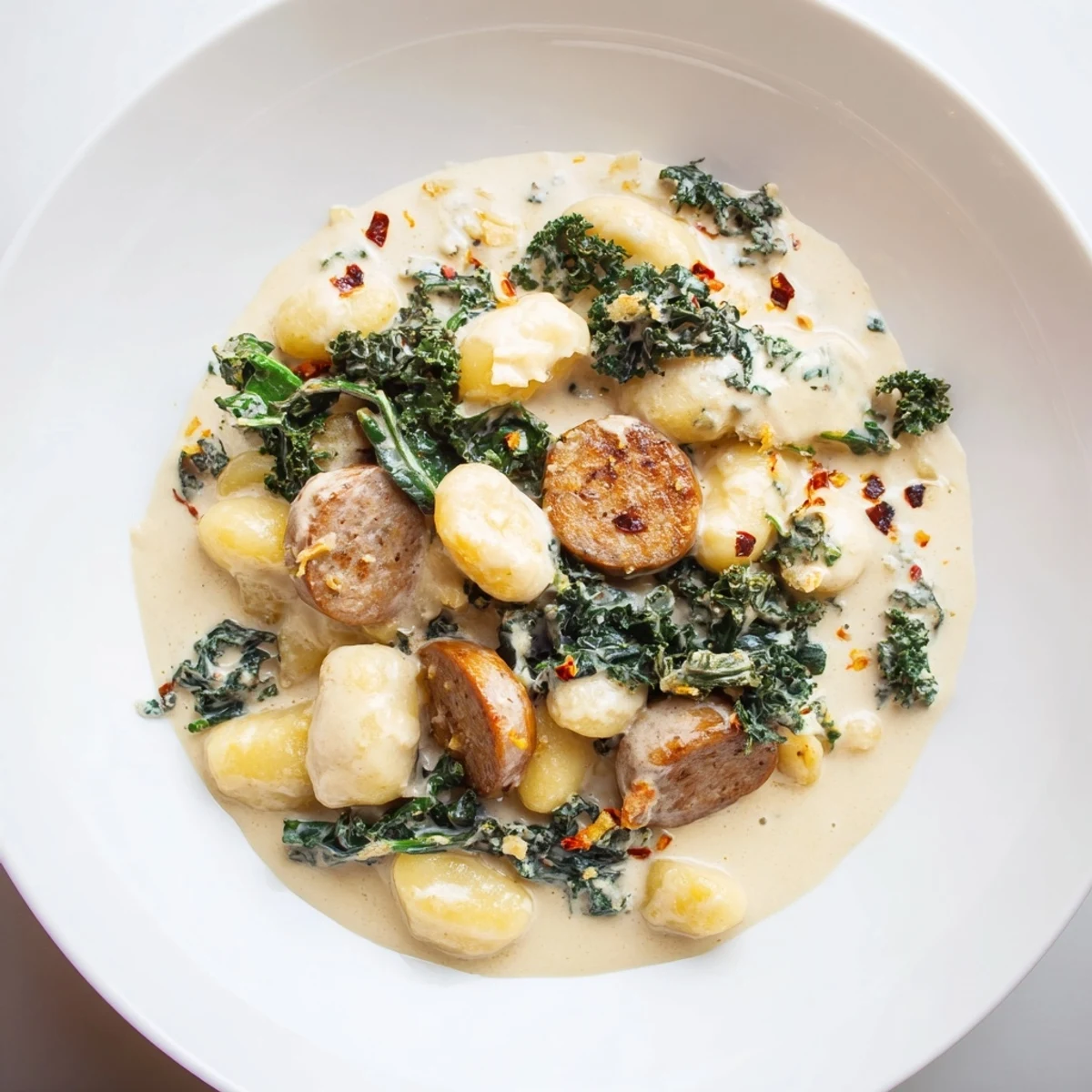 Steaming-hot creamy gnocchi with savory sausage, surrounded by vibrant wilted kale, perfect for dinner.