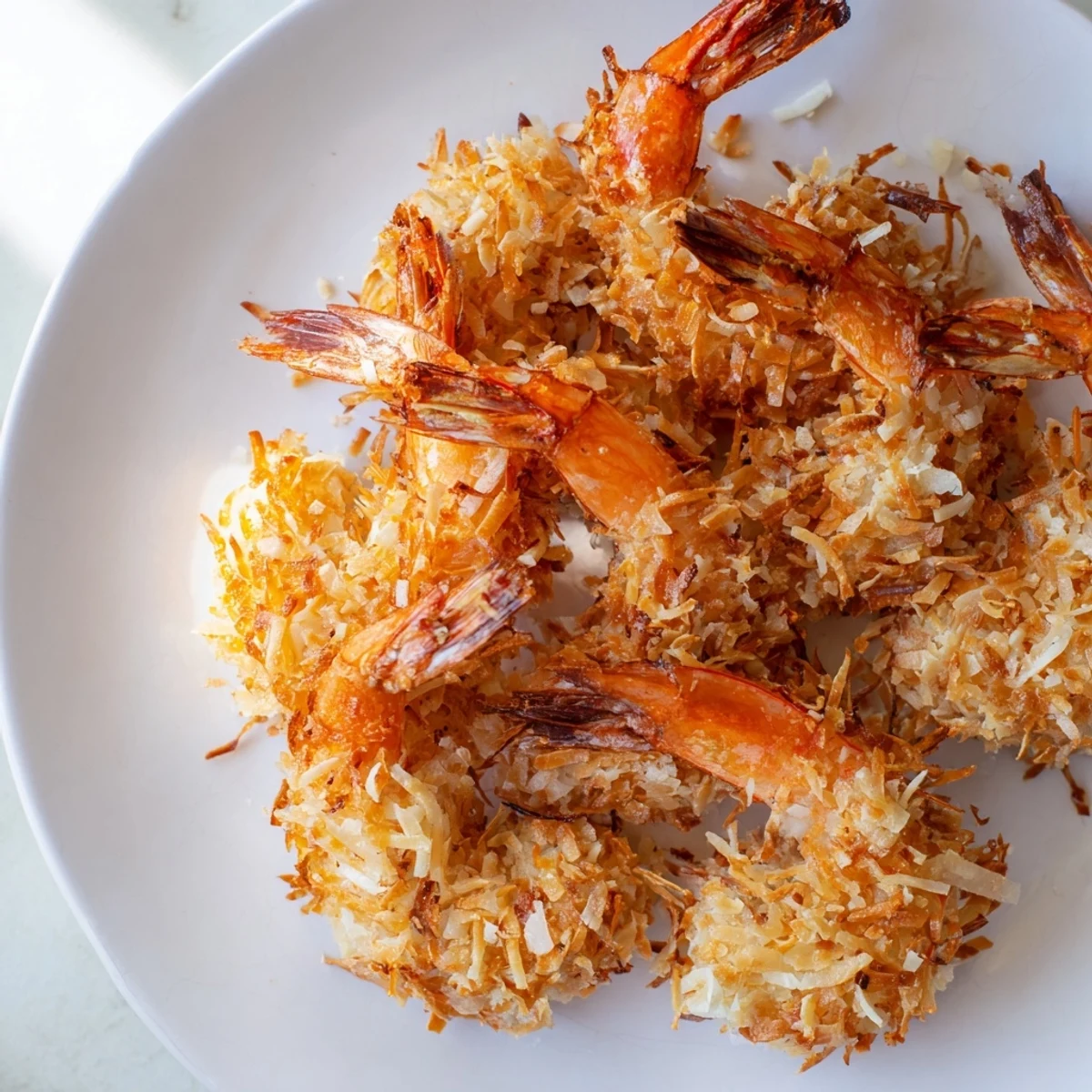 Golden fried Crispy Coconut Shrimp, crunchy coating and succulent shrimp, ready to be dipped!