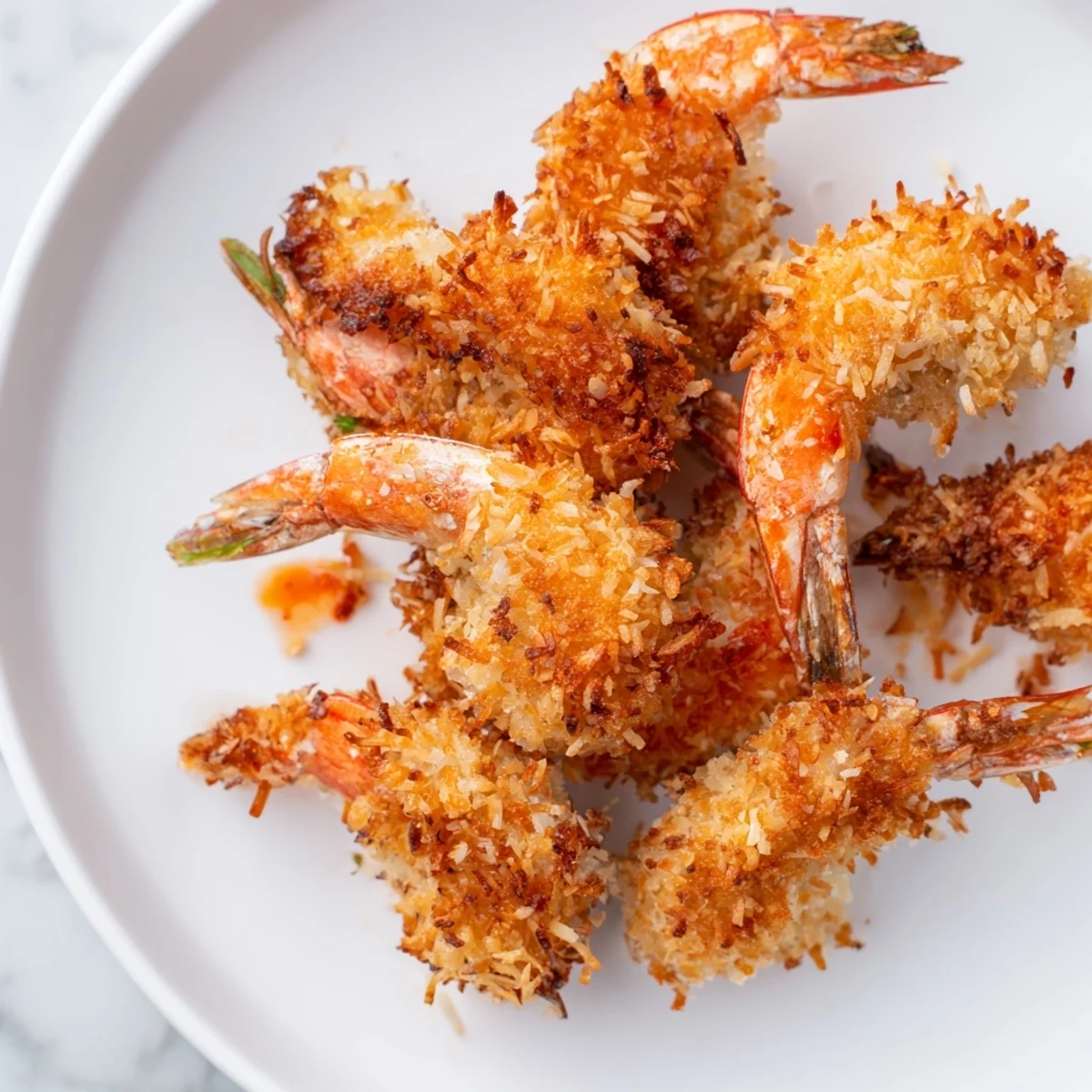 Perfectly cooked Crispy Coconut Shrimp, served with sweet chili sauce, promising a delightful bite.
