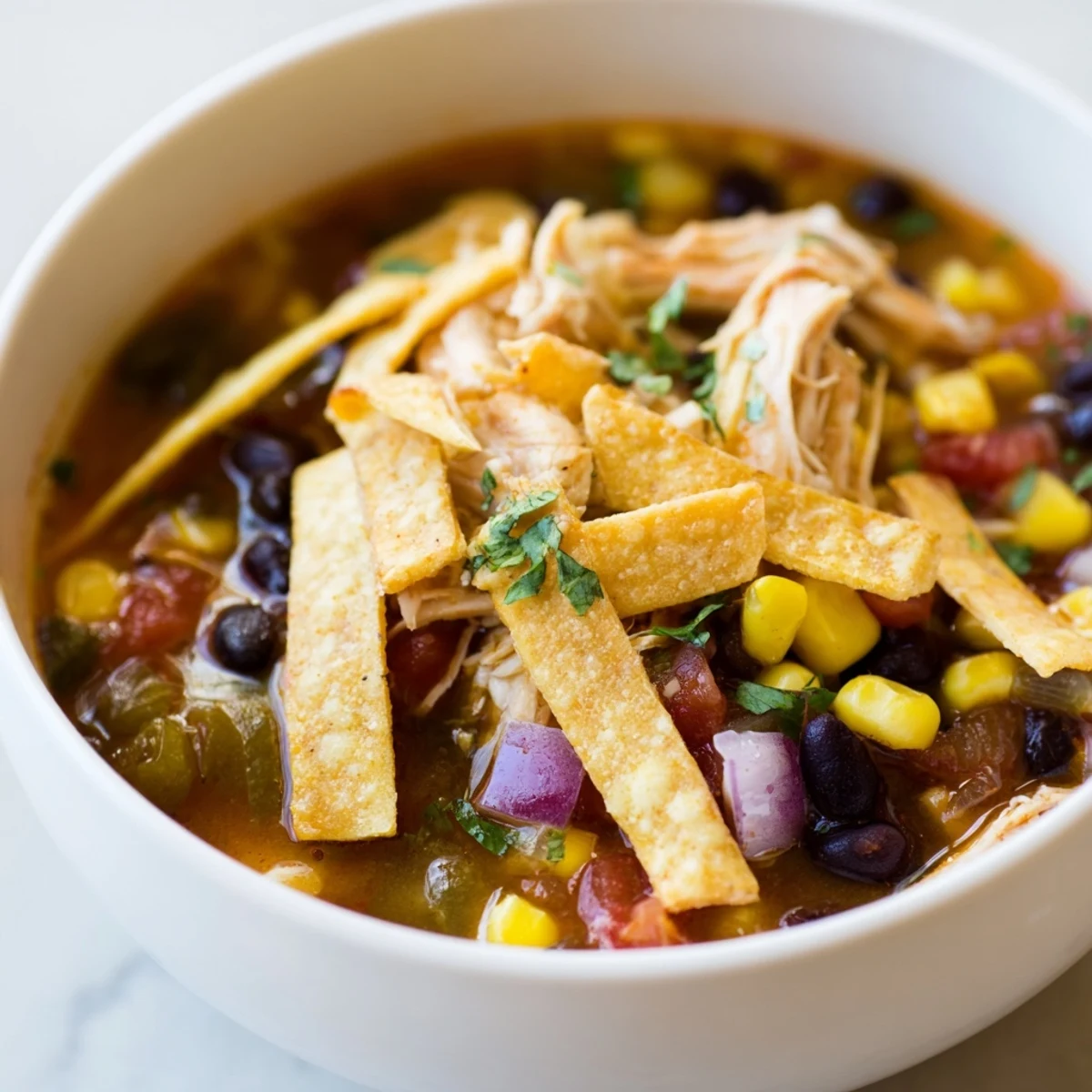 Chicken Tortilla Soup with crispy tortilla strips, a vibrant Mexican soup with flavorful broth and tender chicken.