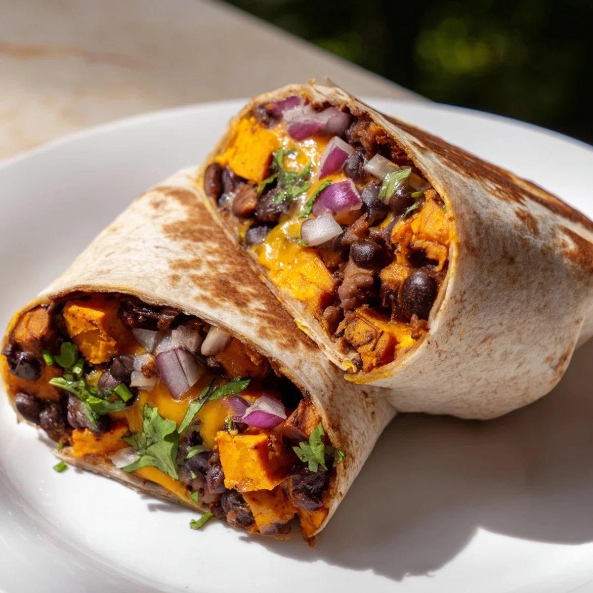 A fresh, warm photo of the delicious roasted sweet potato and black bean burritos, ready to eat.