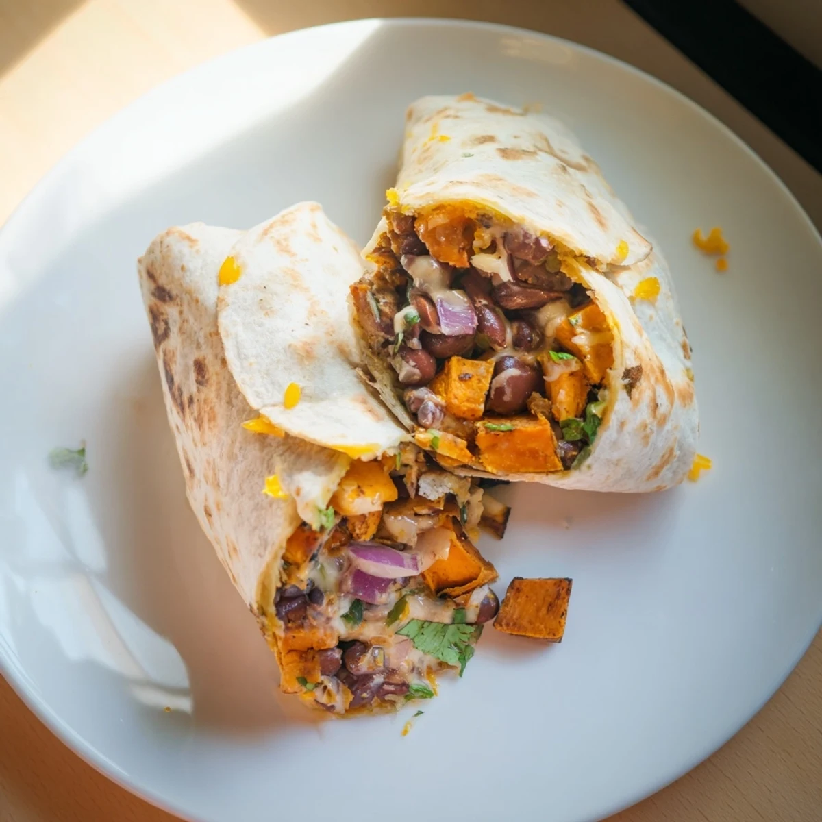 Golden, roasted sweet potato and black bean burritos, ready to be filled with flavorful toppings.