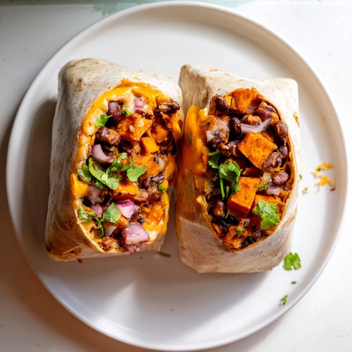 Close-up of a perfectly wrapped roasted sweet potato and black bean burrito with melted cheese and fresh cilantro.