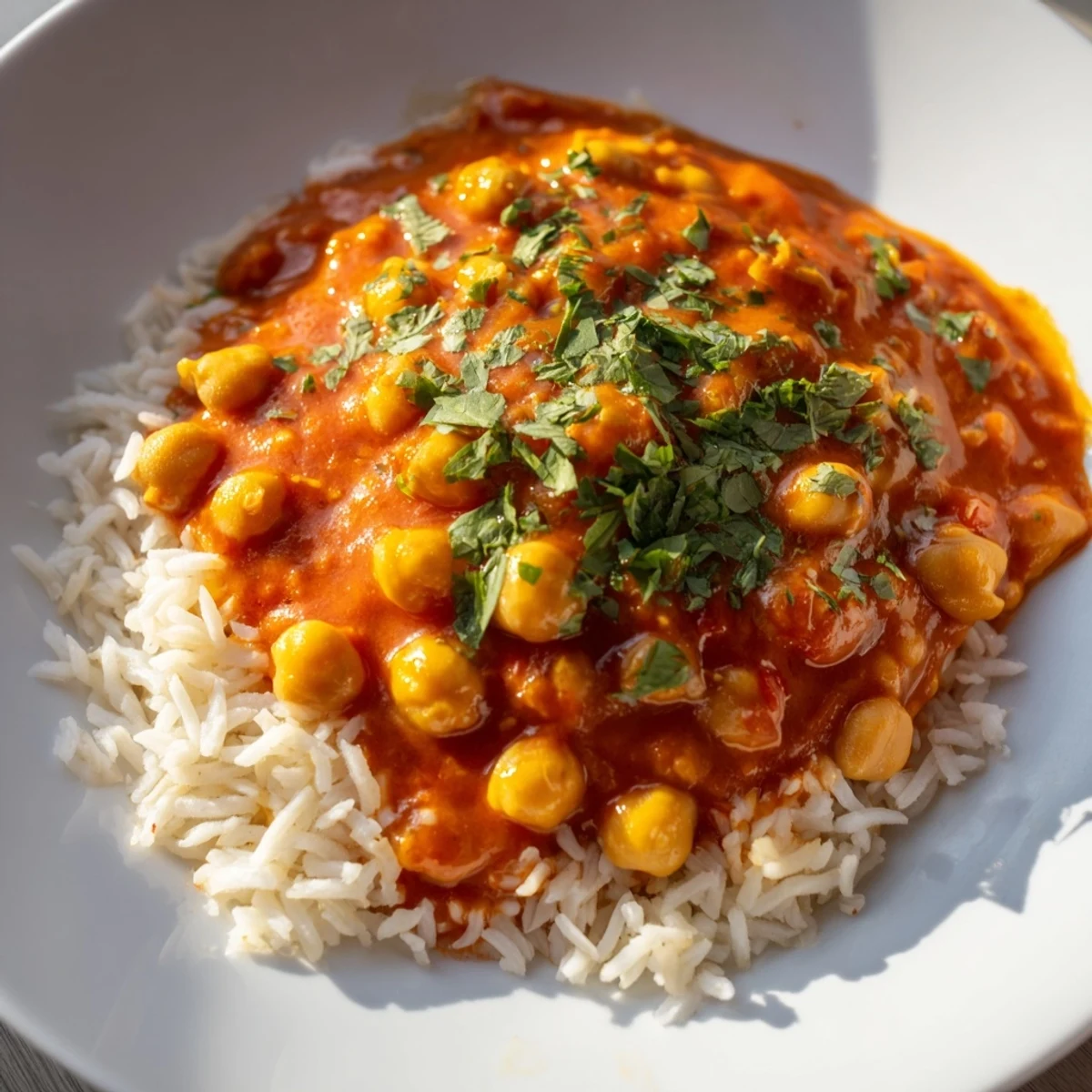 A steaming bowl of Vegan Chickpea Tikka Masala, a richly spiced tomato and chickpea curry.