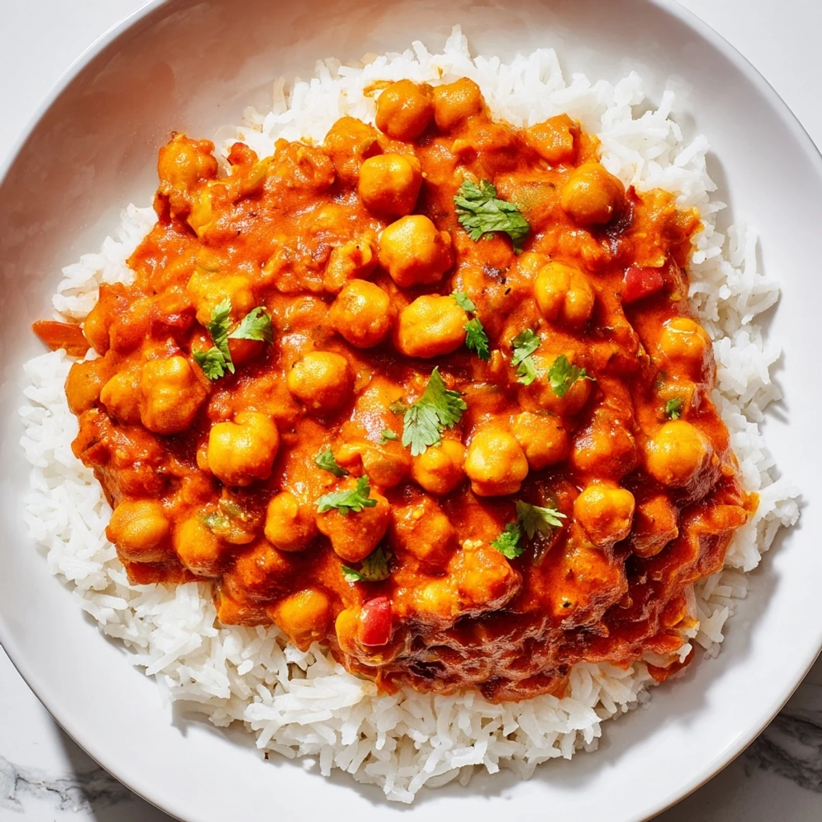 Creamy Vegan Chickpea Tikka Masala, garnished with cilantro, served atop fluffy, white basmati rice.