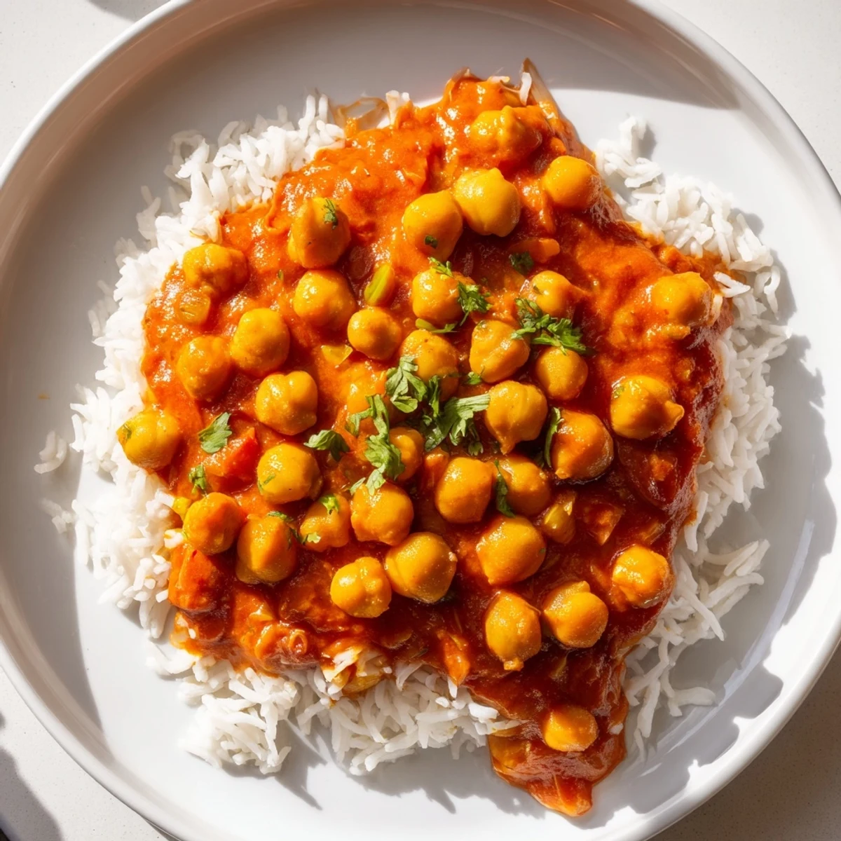 Close-up of golden-hued Vegan Chickpea Tikka Masala, a flavorful and aromatic Indian delight.