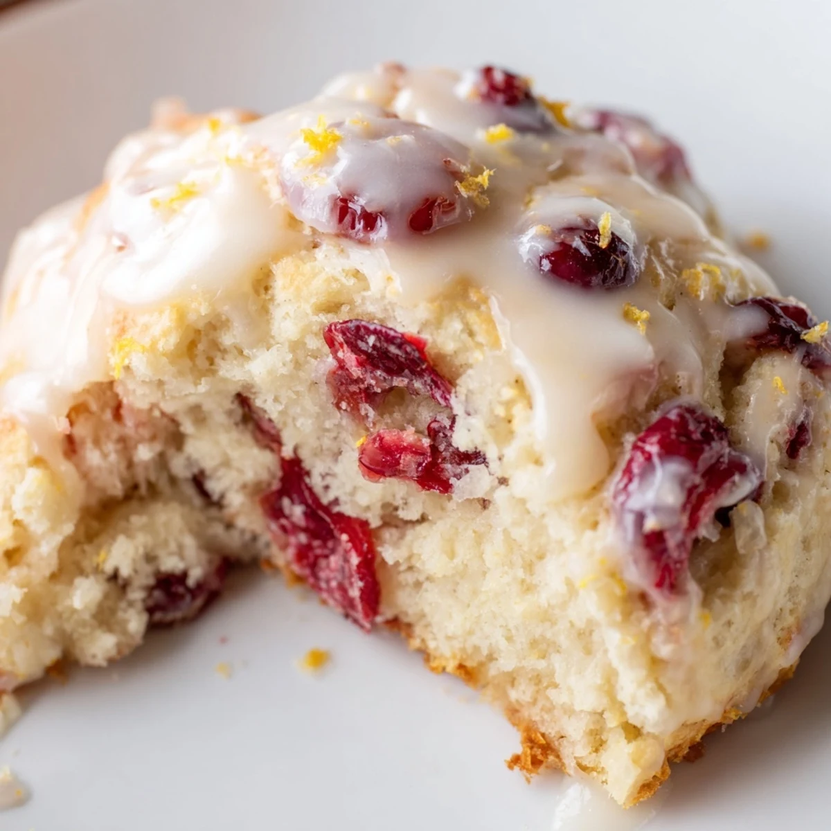 Golden brown Cranberry Orange Scones drizzled with sweet glaze, bursting with tart cranberries and citrus zest on a white plate.