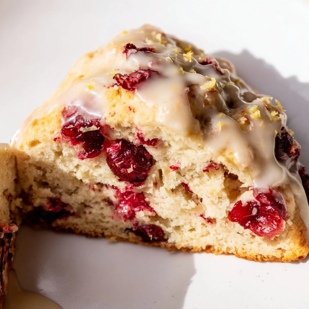 Freshly baked Cranberry Orange Scones with a sparkling orange zest glaze on a rustic wooden board, served with tea.