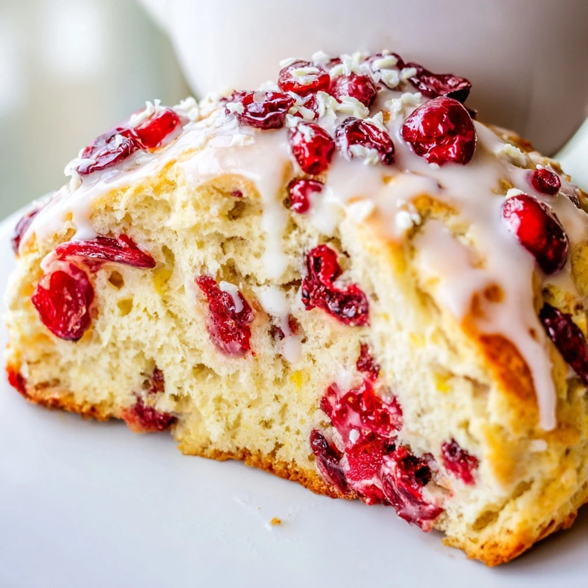 Warm Cranberry Orange Scones stacked on a serving plate with fresh orange slices and a cup of coffee for breakfast.