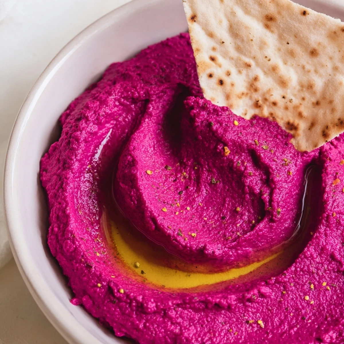 A vibrant pink bowl of Roasted Beet Hummus topped with olive oil and served alongside golden, crunchy toasted pita chips.