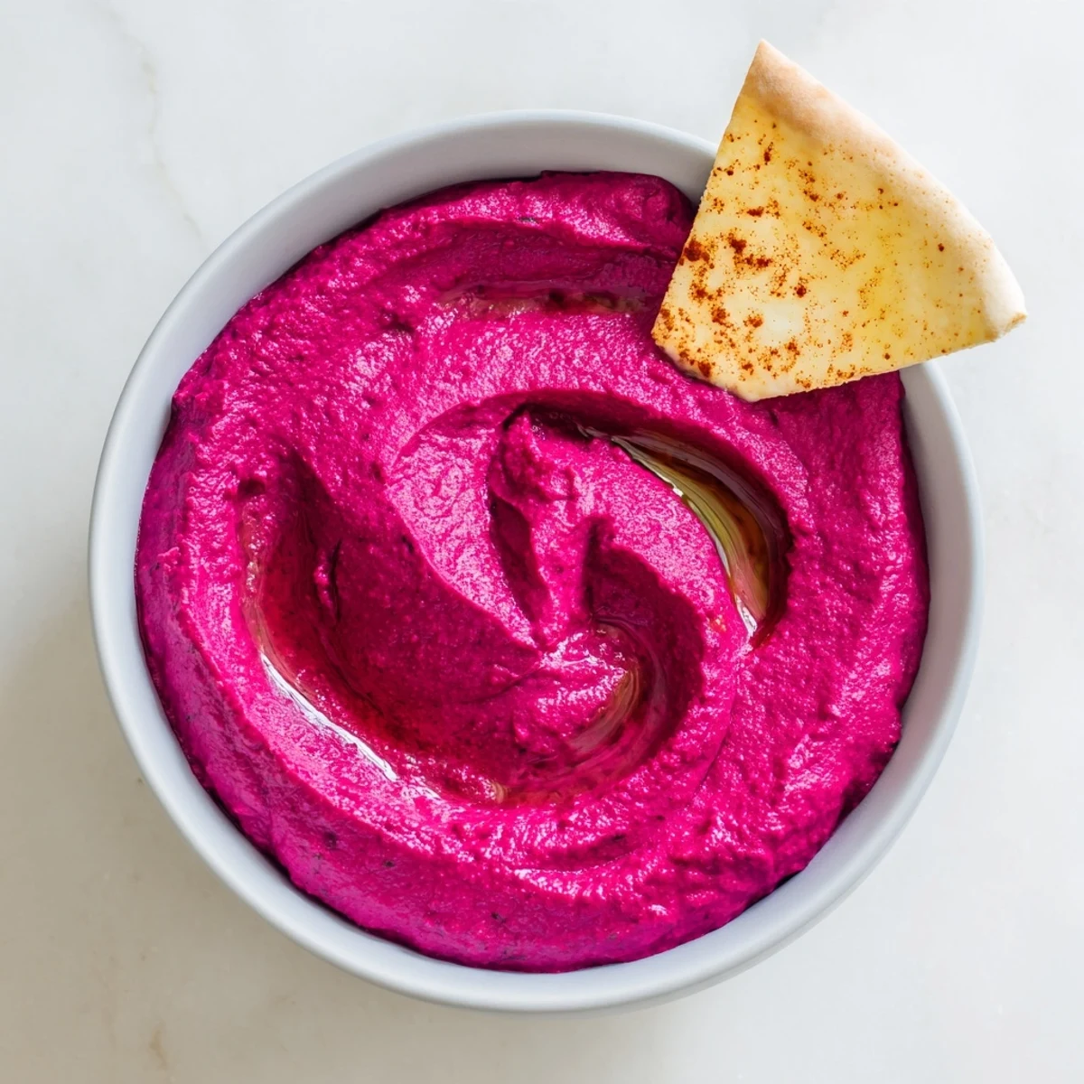 Close-up of creamy Roasted Beet Hummus on a plate with toasted pita triangles, ideal for sharing at a party or gathering.