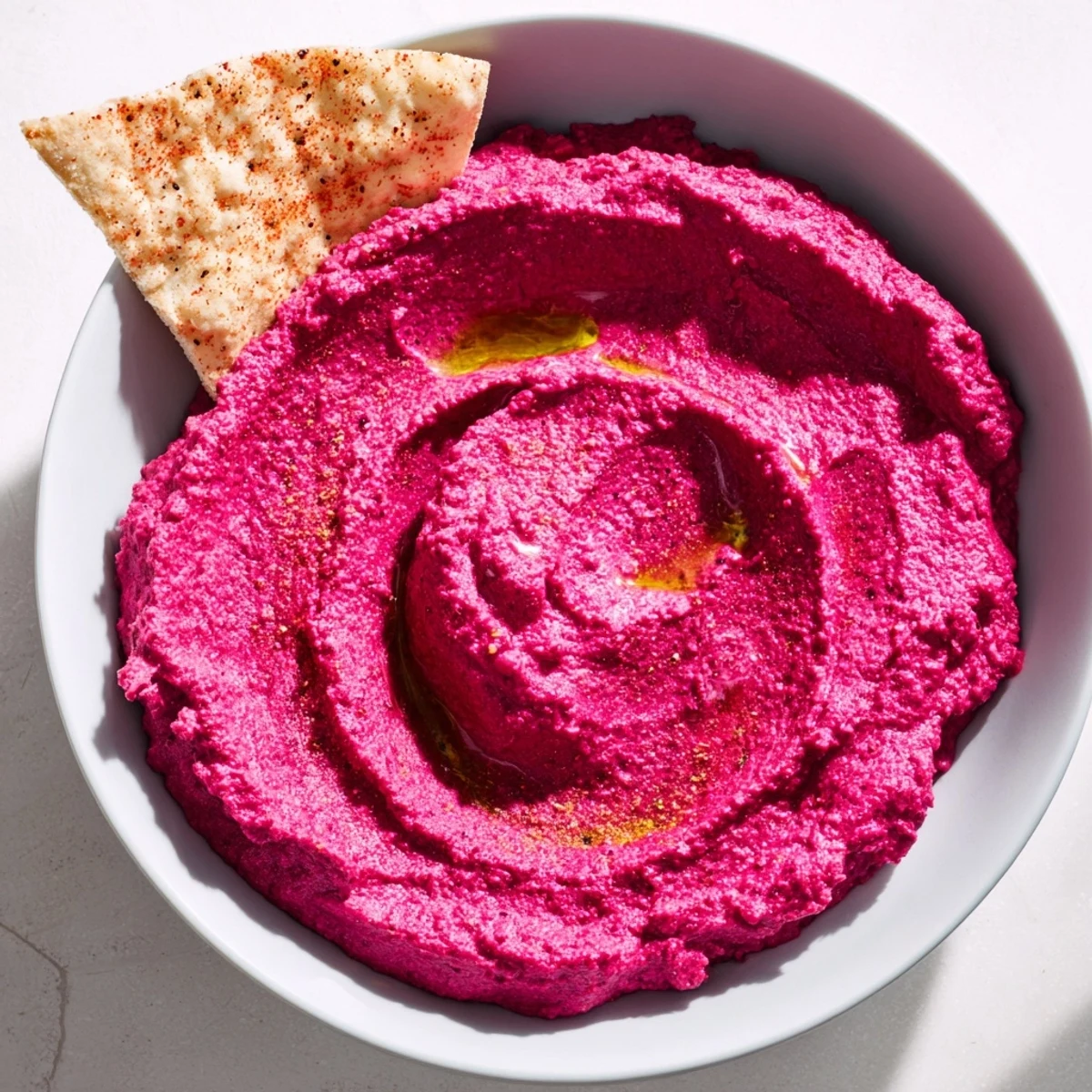 Homemade Roasted Beet Hummus with its bright magenta dip and crispy pita chips, perfect for a healthy Mediterranean appetizer spread.