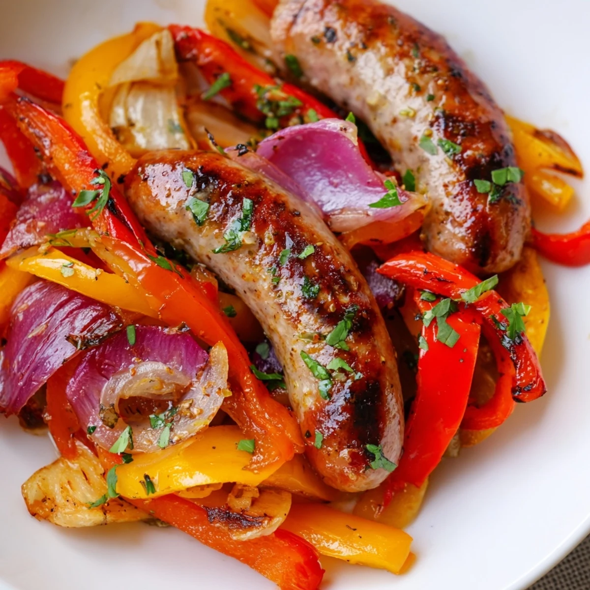Juicy Italian sausages and sweet bell peppers with onions from our Sheet Pan Sausage and Peppers with Onions recipe.
