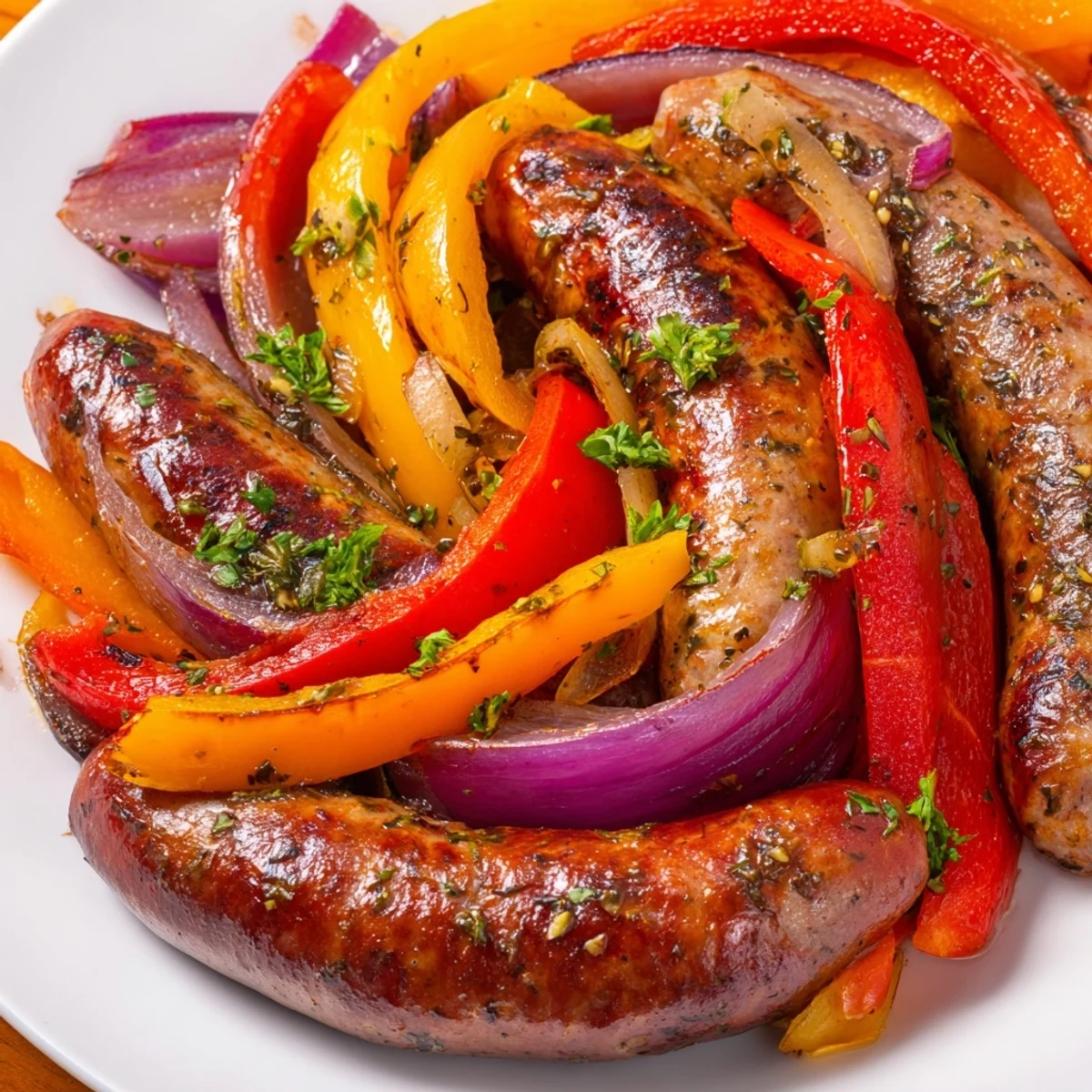 Sheet Pan Sausage and Peppers with Onions roasted on a single pan with colorful veggies and caramelized edges.