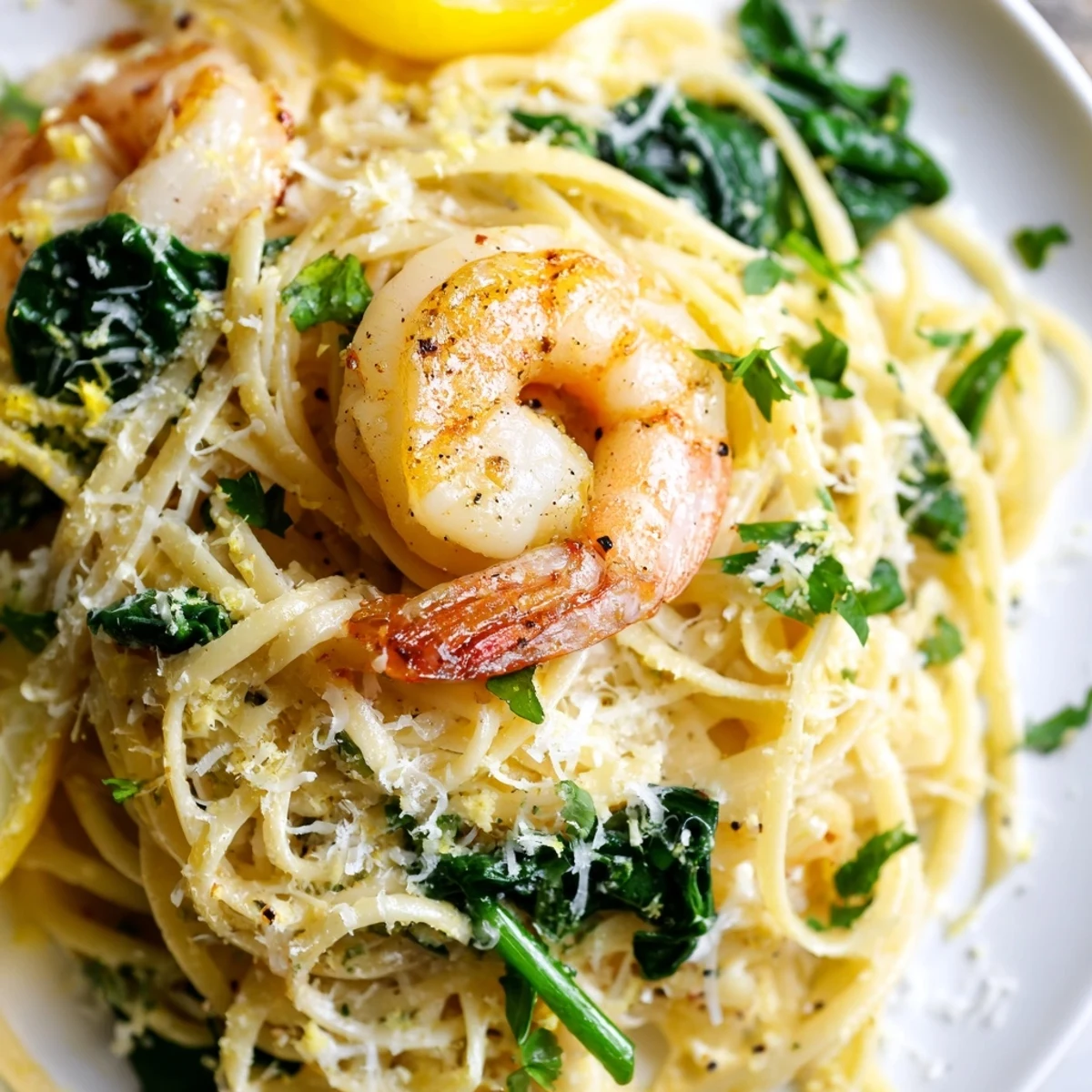 Bright green spinach and juicy shrimp in Lemon Garlic Shrimp Pasta with fresh parsley garnish.