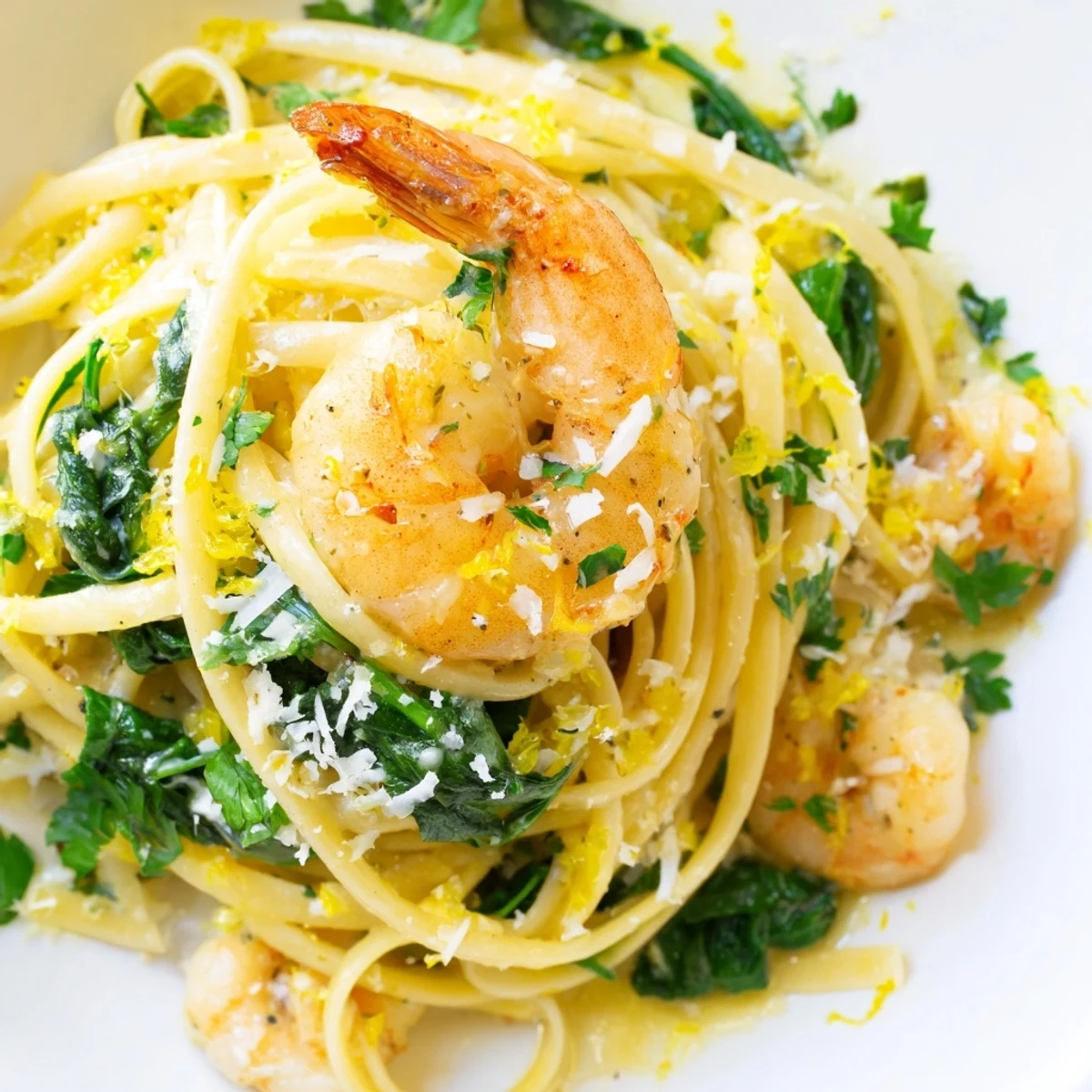 Plated Lemon Garlic Shrimp Pasta tossed with spinach and lemon wedges on a rustic wooden table.
