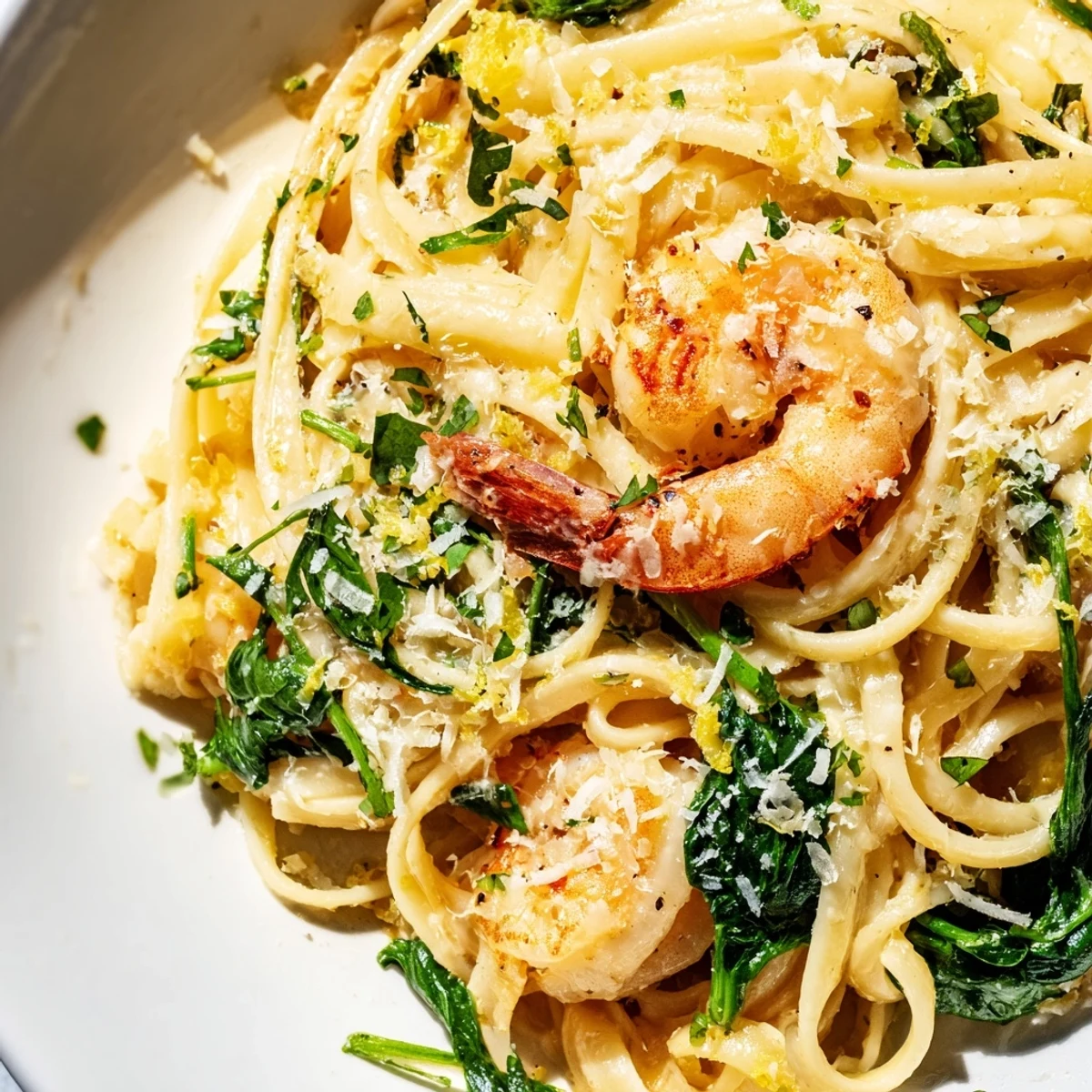 Steaming Lemon Garlic Shrimp Pasta with spinach, finished with Parmesan and a drizzle of olive oil.