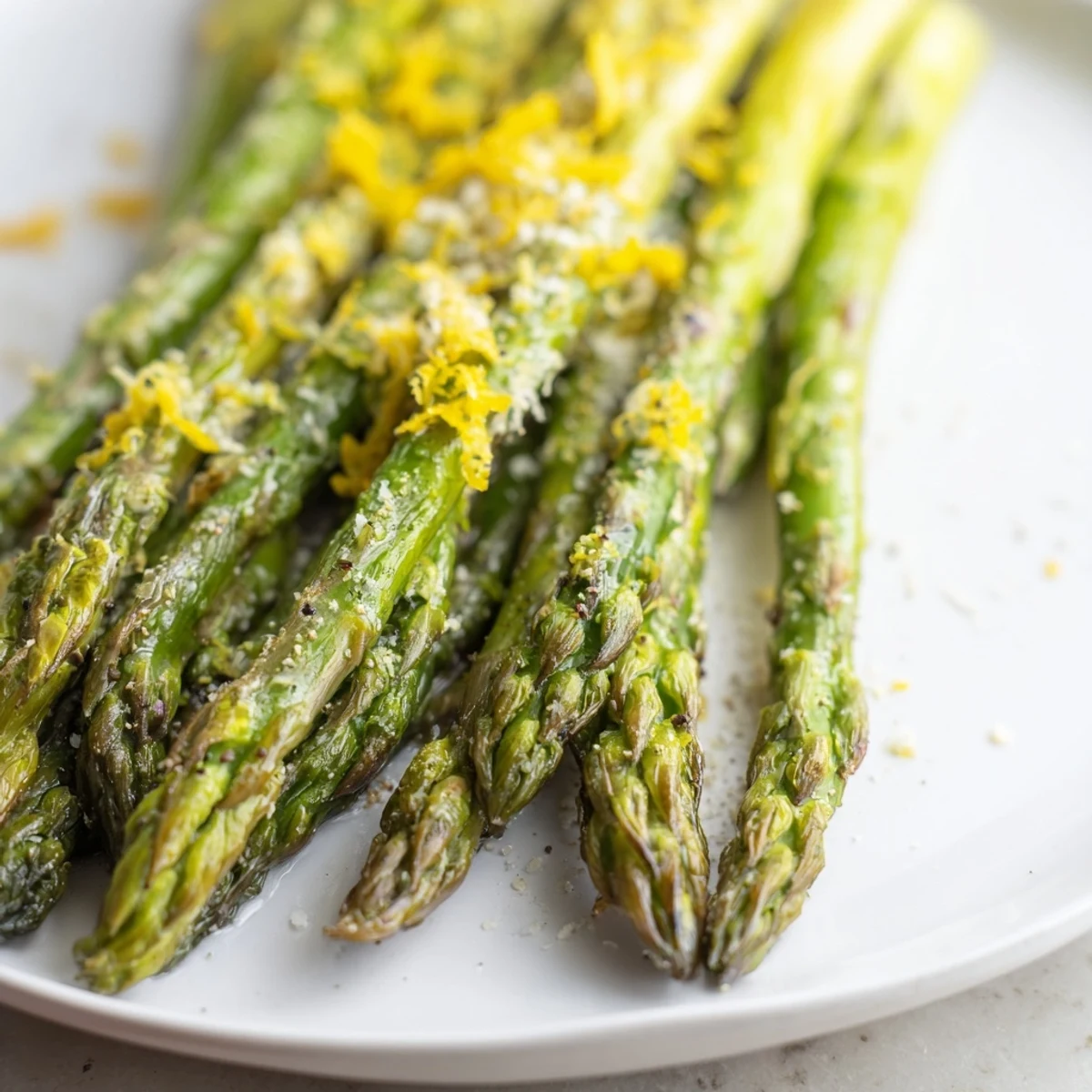Freshly roasted asparagus with Parmesan and lemon zest on a rustic wooden cutting board, glistening with olive oil.