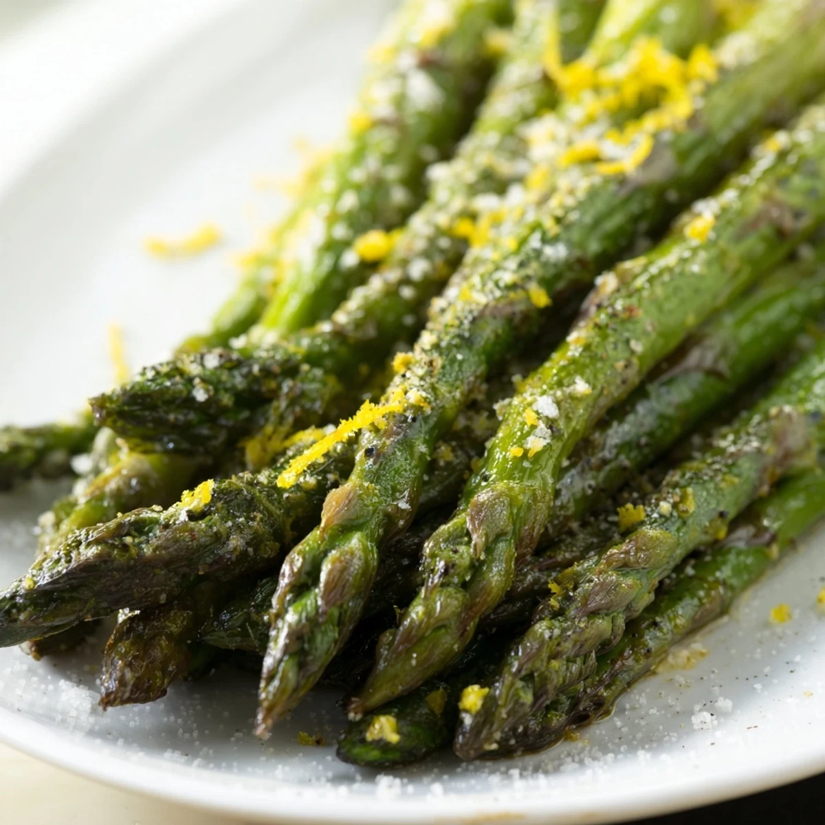 Roasted asparagus with Parmesan and lemon zest served warm beside roast chicken on a white dinner plate.