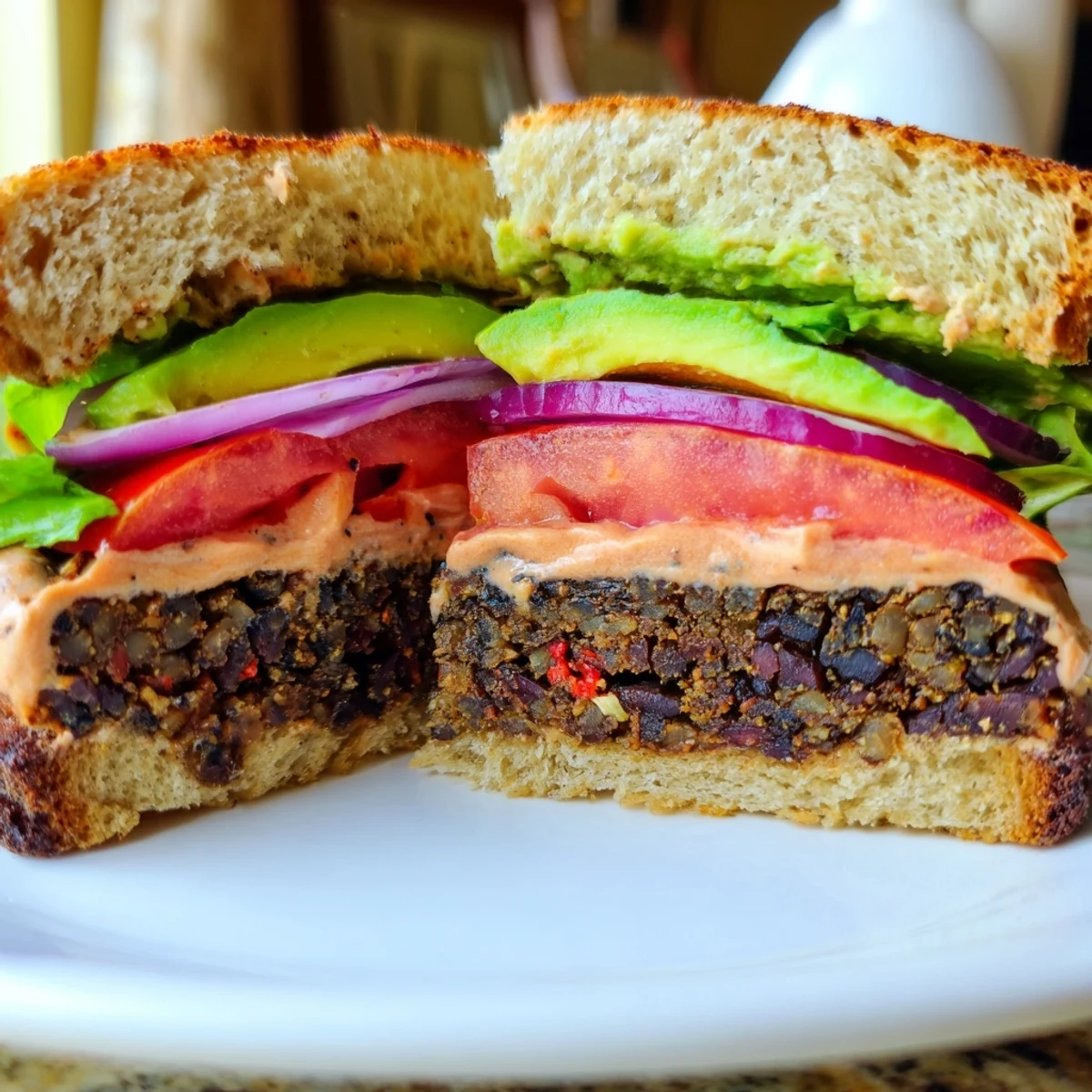 Vegan Black Bean Burger with Chipotle Mayo on a toasted bun with fresh lettuce and ripe avocado slices.
