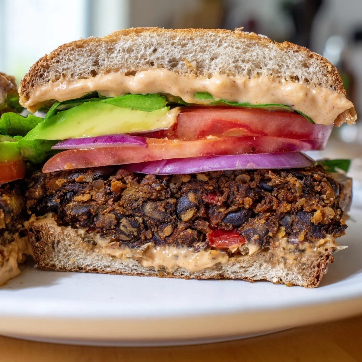 Golden Vegan Black Bean Burger with Chipotle Mayo dripping on a plate beside crispy sweet potato fries.