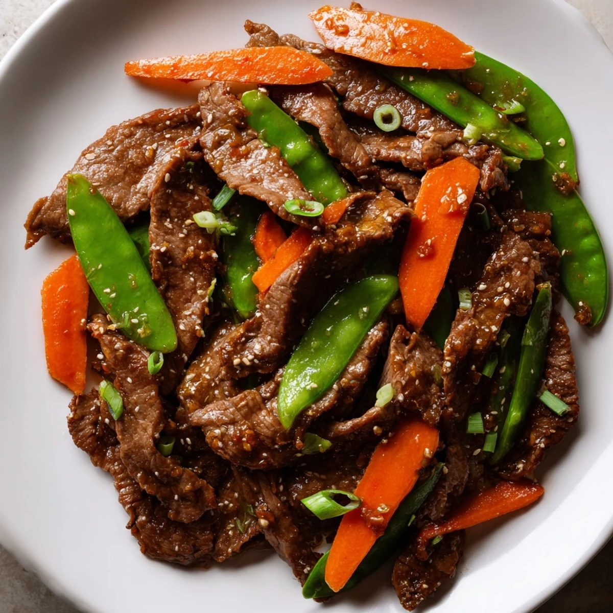 Sizzling beef strips, bright snow peas, and sliced carrots in glossy sauce for this Beef Stir Fry with Snow Peas and Carrots.