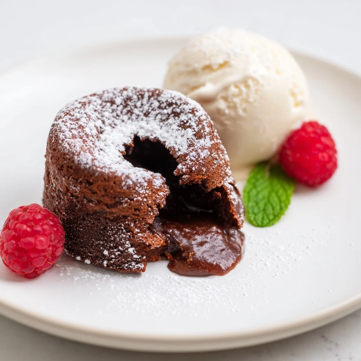 Freshly baked Chocolate Lava Cakes with molten centers are inverted onto plates, topped with melting vanilla bean ice cream and fresh raspberries.