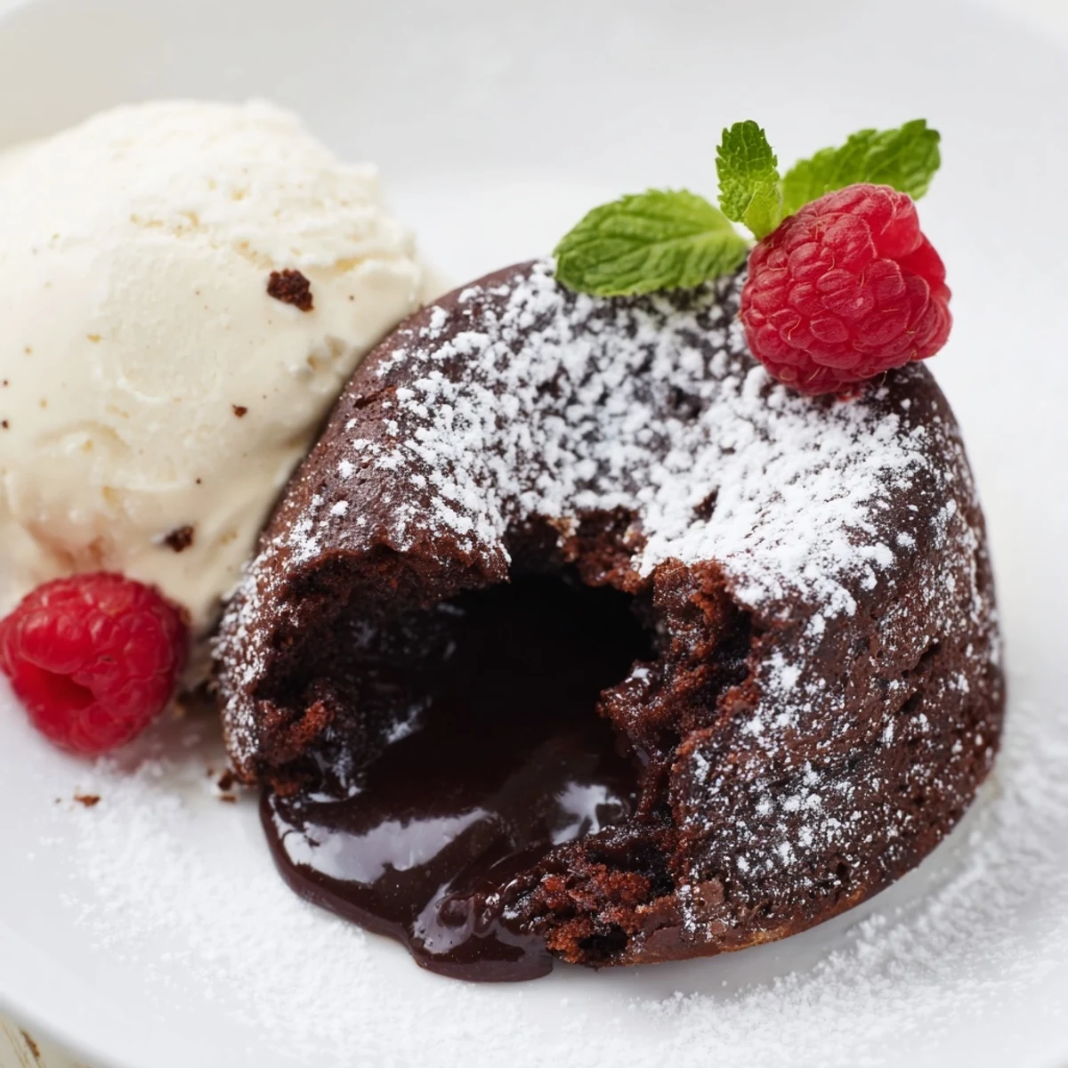 Warm Chocolate Lava Cakes are dusted with powdered sugar, revealing gooey chocolate centers next to rich vanilla bean ice cream scoops.