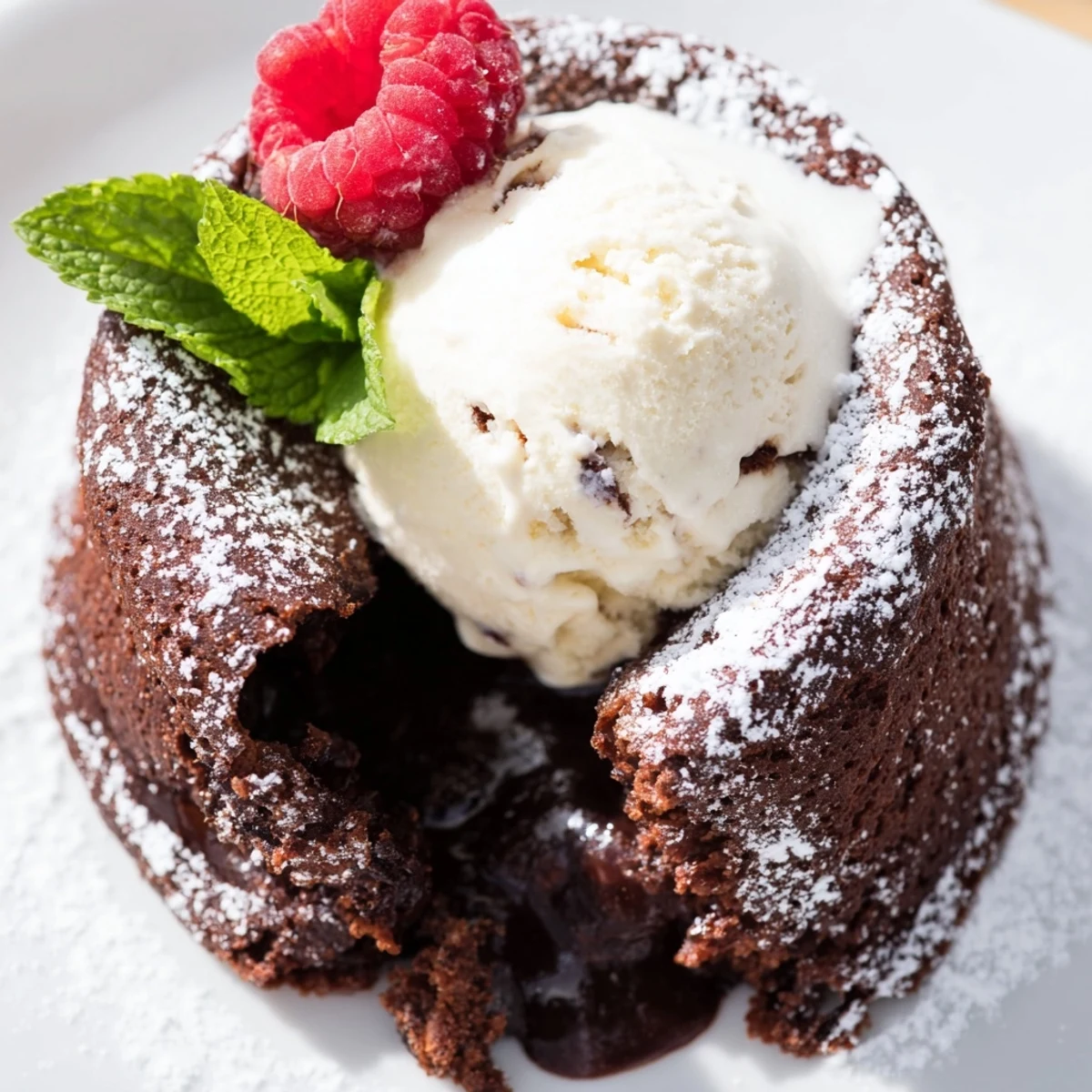 Golden-edged Chocolate Lava Cakes sit on a white plate, oozing warm chocolate sauce as cold vanilla bean ice cream melts over top.