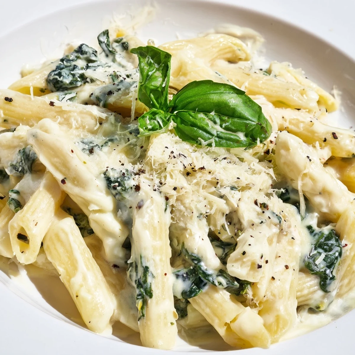 This Creamy Spinach and Cheese Pasta showcases glossy, rich sauce coating every piece, making it an easy weeknight vegetarian dinner.
