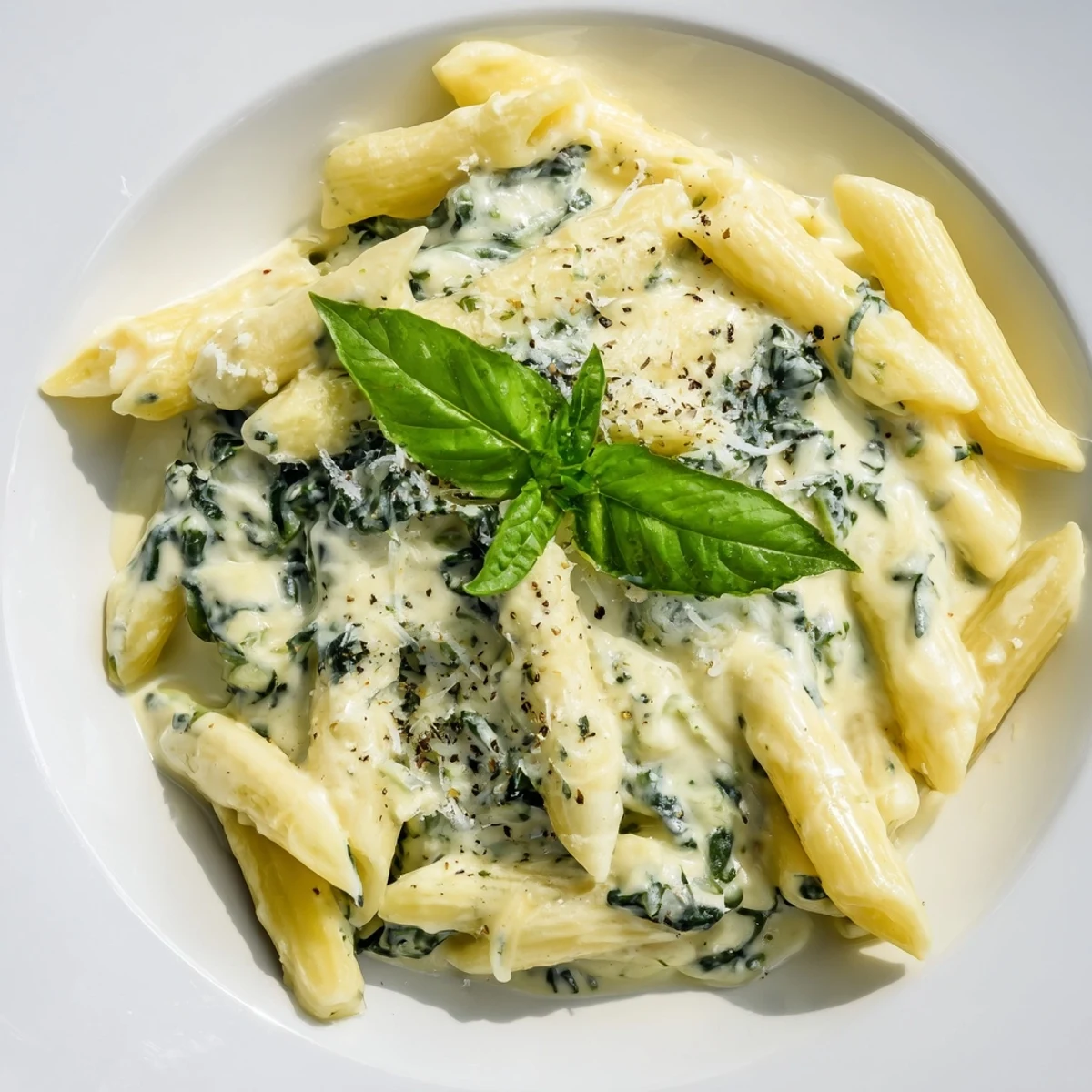 Creamy Spinach and Cheese Pasta is served hot in a white bowl, garnished with fresh basil leaves for a bright finish.