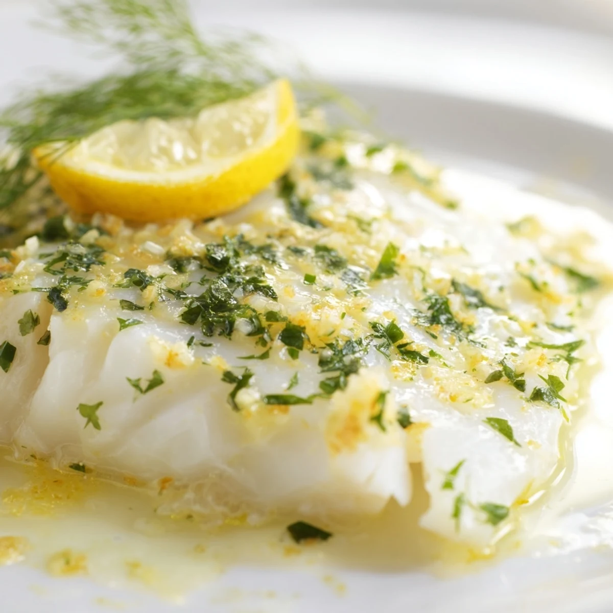 A close-up of tender Baked Cod with Lemon Butter served alongside roasted potatoes and steamed green beans.