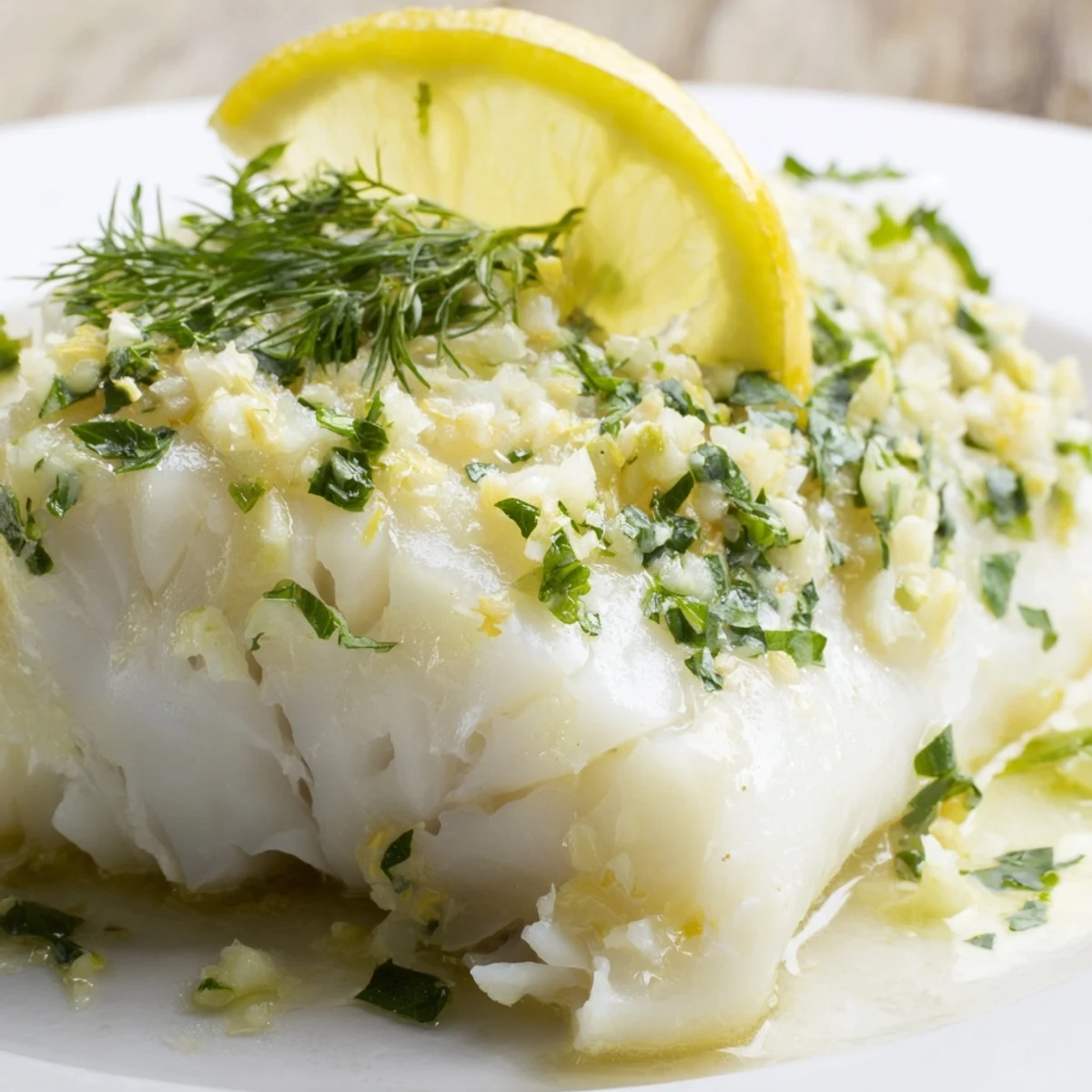 Freshly baked cod fillet topped with herbs, ready to serve with a side of lemon butter sauce.