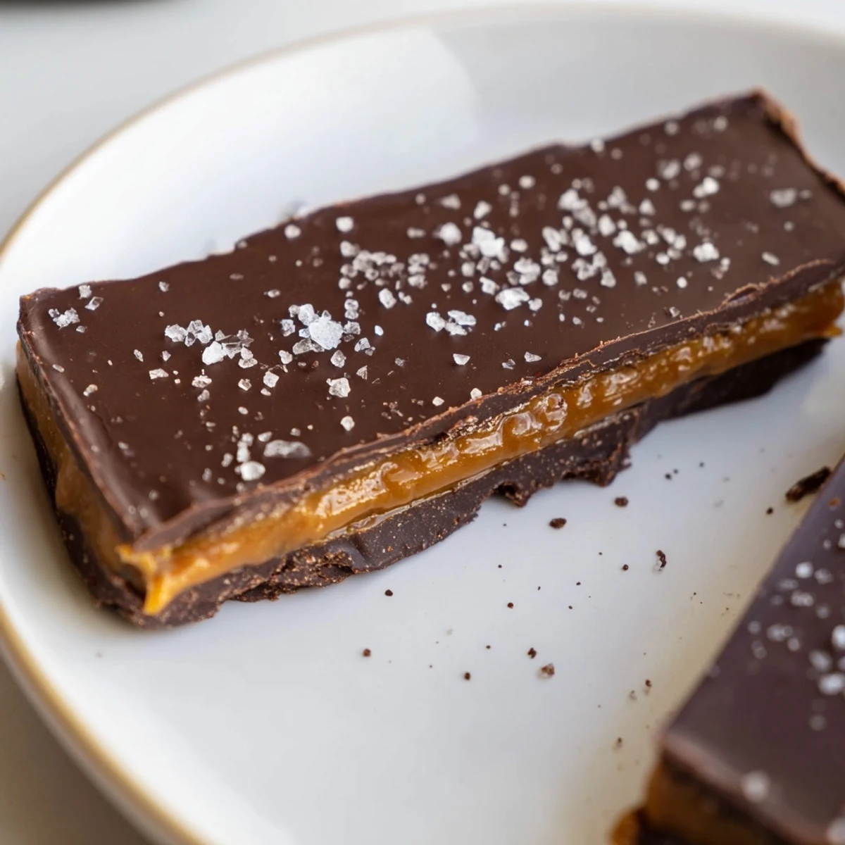 Deeply golden caramel layered between rich dark chocolate bars, finished with a delicate sprinkle of flaky sea salt.