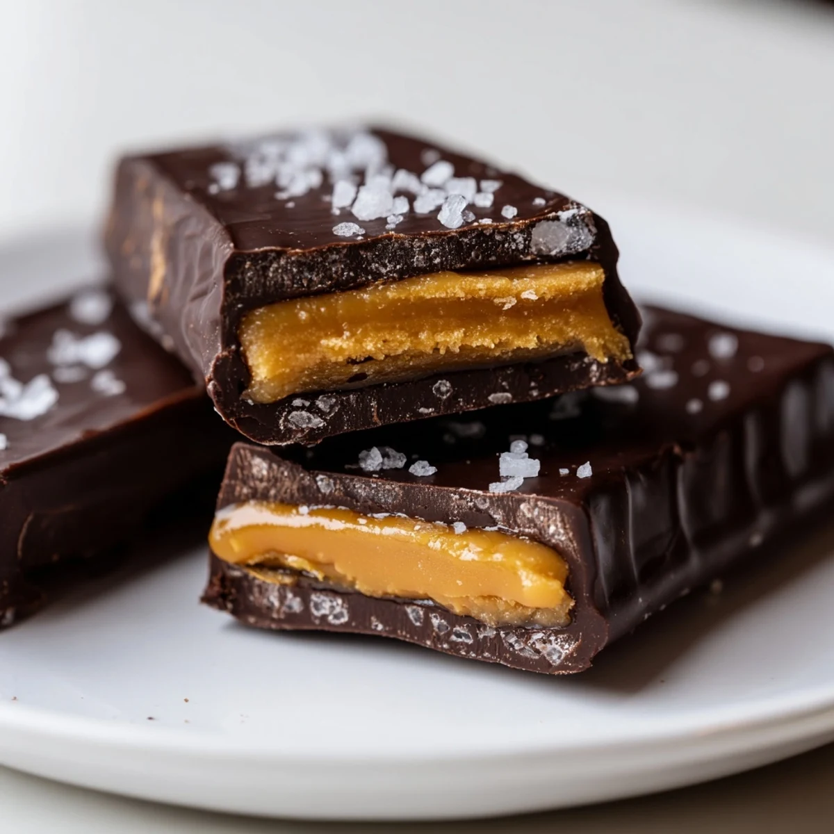 Melted semi-sweet chocolate poured smoothly over homemade buttery caramel in a lined baking pan.