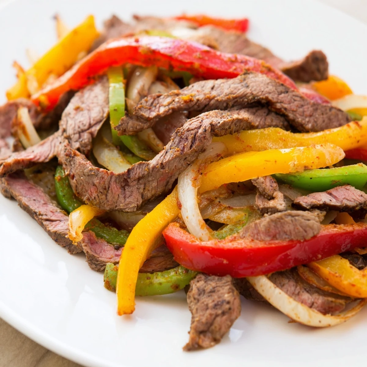 Sizzling Beef Fajita Skillet with tender beef, peppers, and onions, ready to serve in a hot cast-iron pan.
