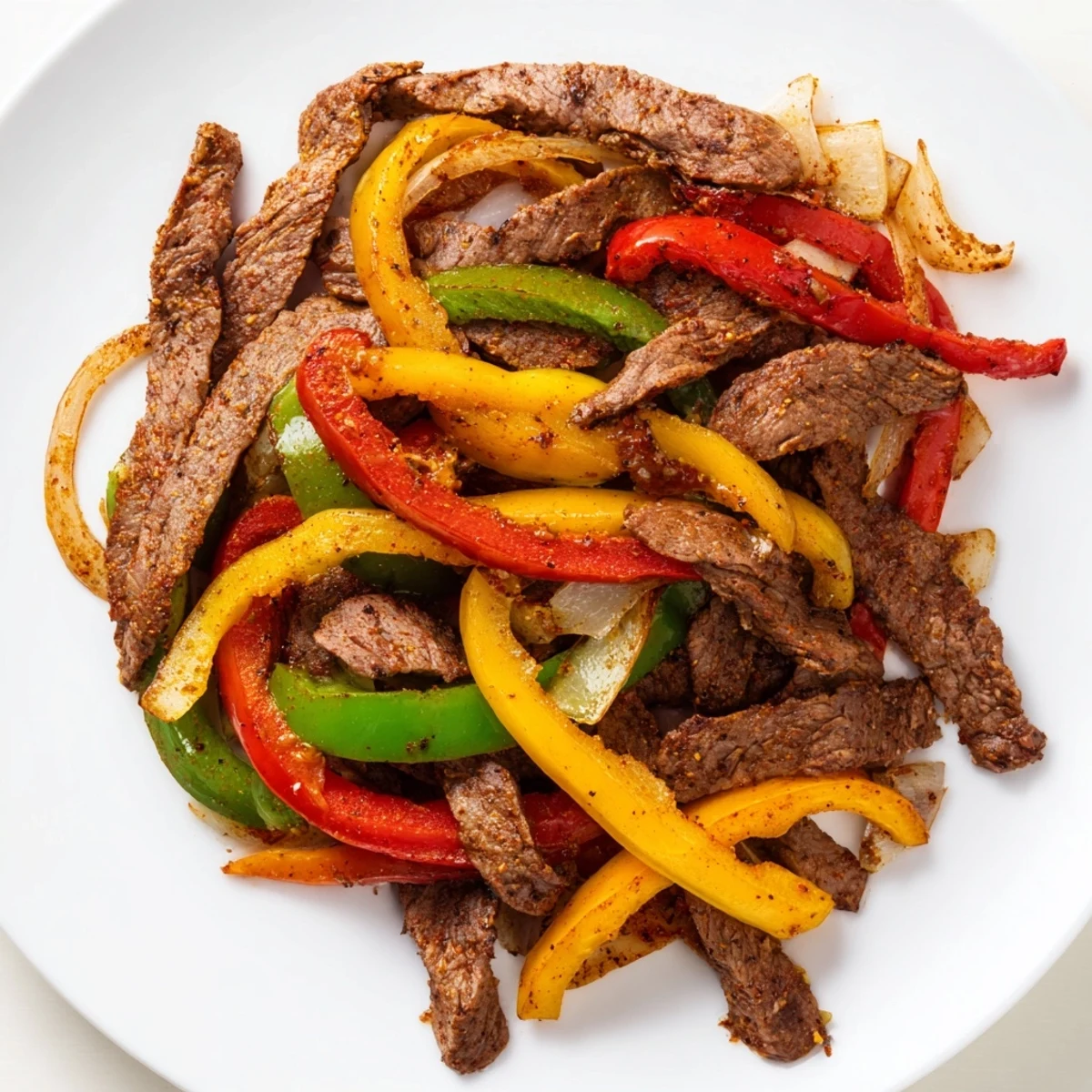 Freshly cooked Beef Fajita Skillet topped with cilantro and lime wedges, with warm tortillas on the side.