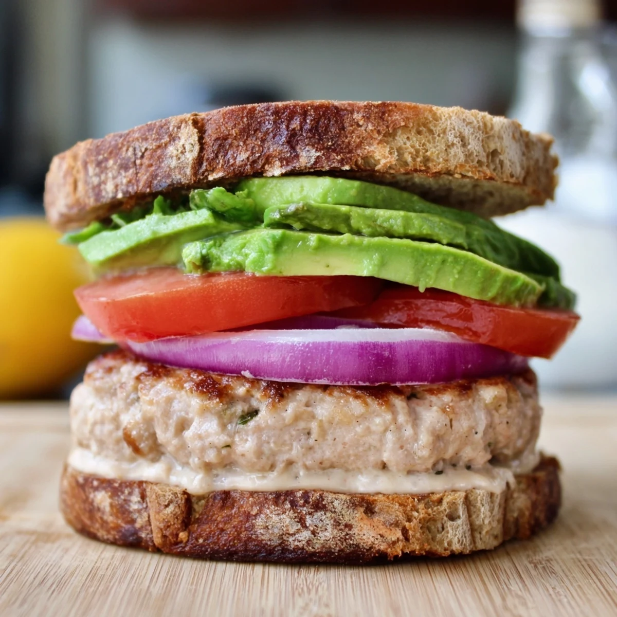 Sliced ripe avocado and fresh tomato top the golden brown turkey burger patty, served on a wholesome bun with romaine lettuce.