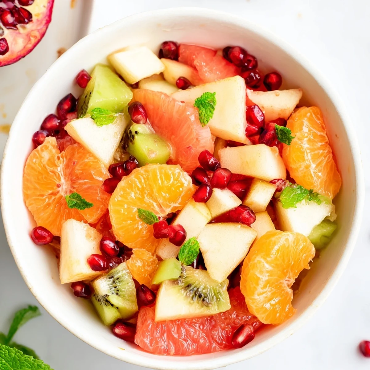 Bright Winter Fruit Salad with Citrus tossed in a glossy cinnamon-orange dressing, with pomegranate arils and crisp apple slices glistening.