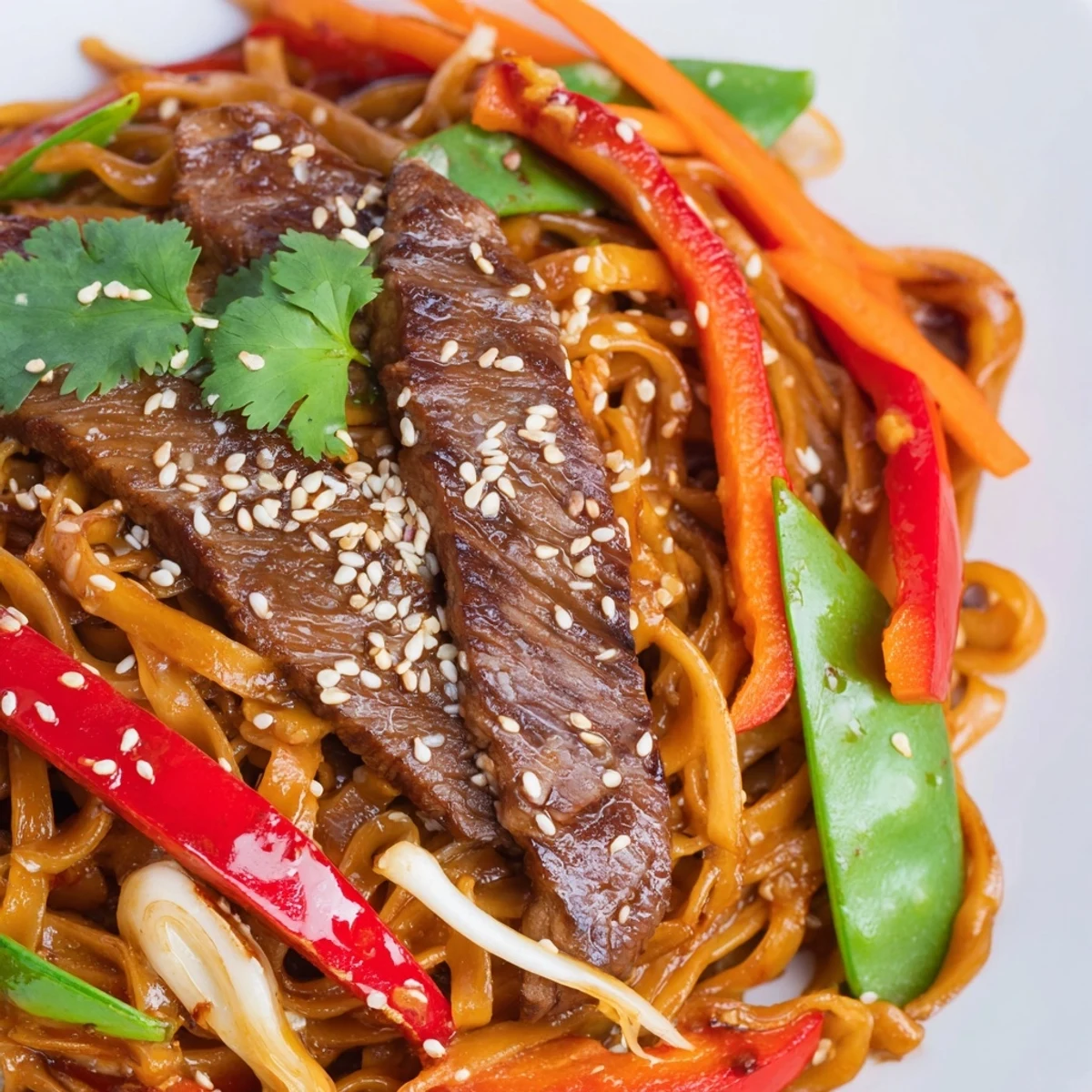 Colorful stir-fried noodles and marinated beef garnished with sesame seeds, cilantro, and lime wedges.