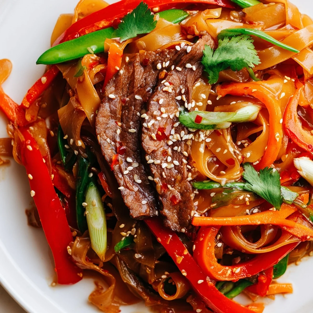 Up-close view of saucy Spicy Beef Noodles with vibrant peppers and snow peas in a skillet.