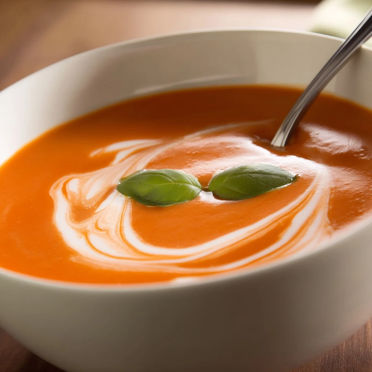 A close-up of Creamy Tomato Bisque in a rustic mug, paired with a buttery grilled cheese sandwich for dipping.